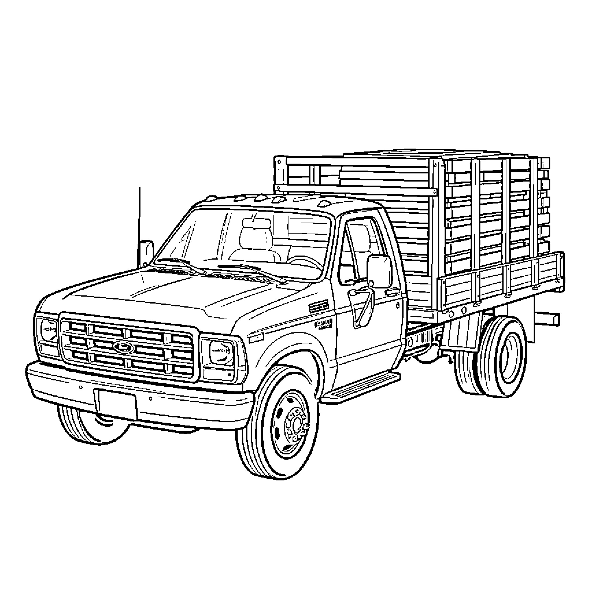 Ford F350 hauling a large wooden cargo bed Coloring Page (free black-and-white line drawing printable PDF for all, from beginners to advanced learners, including children, teens, adults, and seniors)
