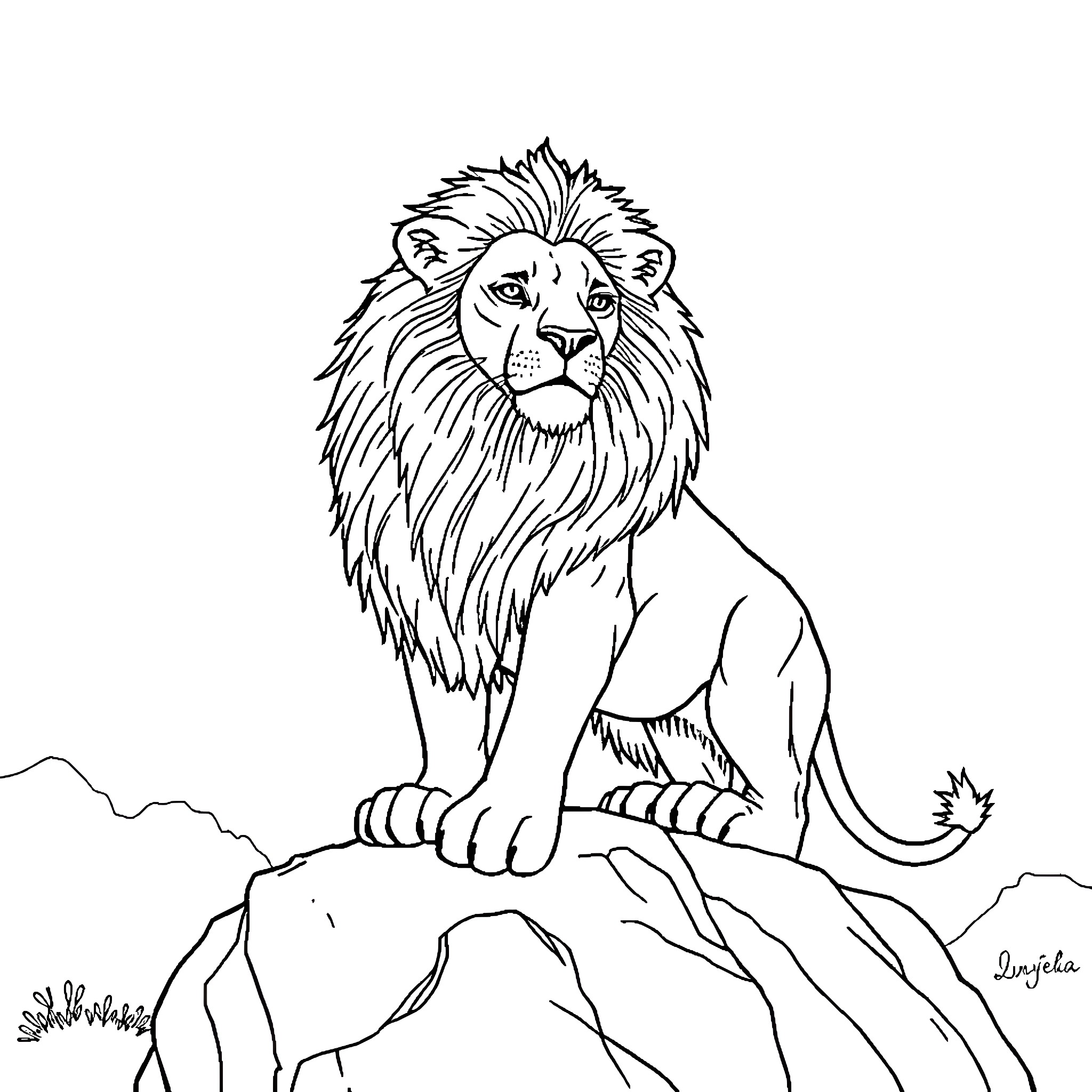 Lion gazing intently from atop a rocky ledge Coloring Page (free black-and-white line drawing printable PDF for all, from beginners to advanced learners, including children, teens, adults, and seniors)