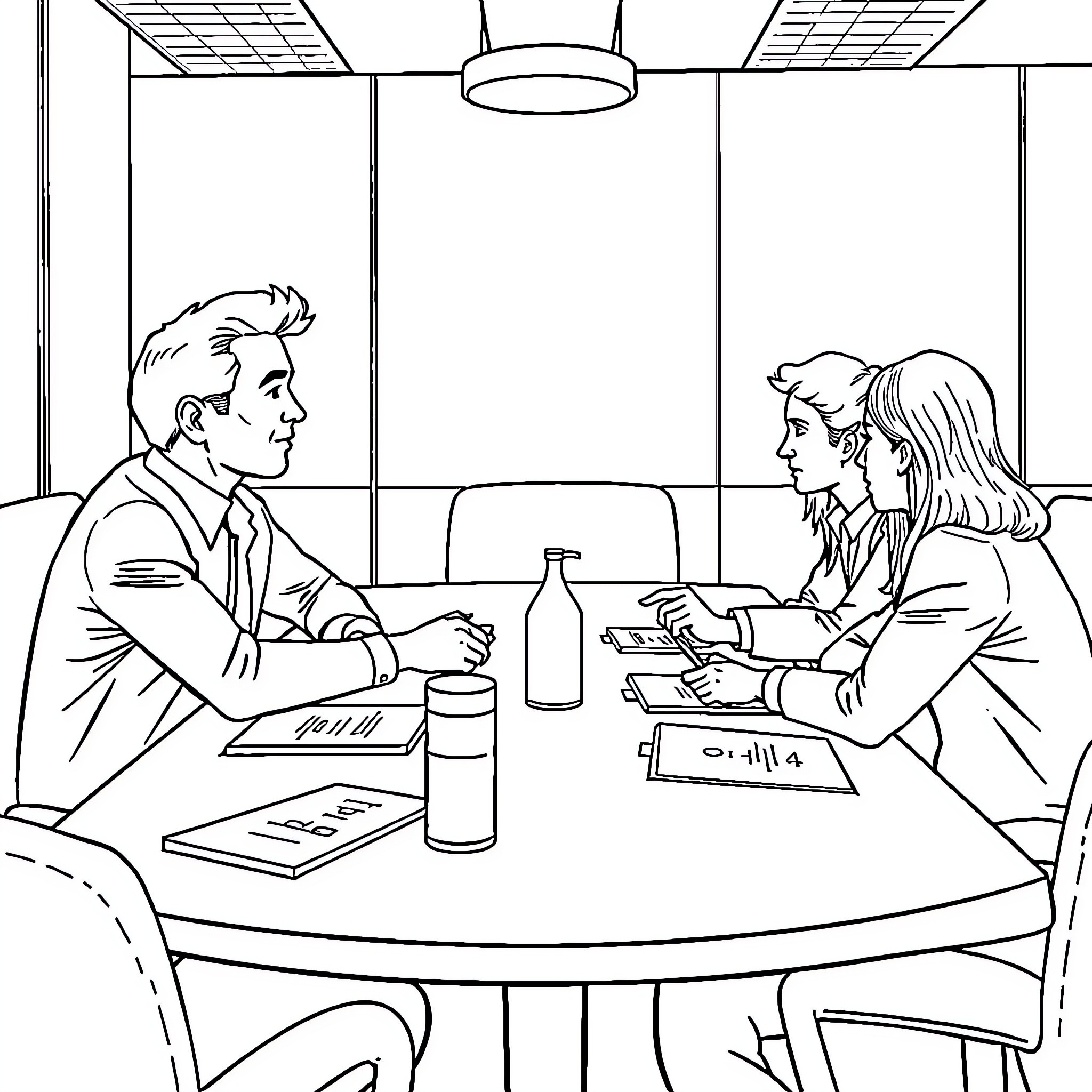 Workplace Meeting with Colleagues Coloring Page (free black-and-white line drawing printable PDF for all, from beginners to advanced learners, including children, teens, adults, and seniors)