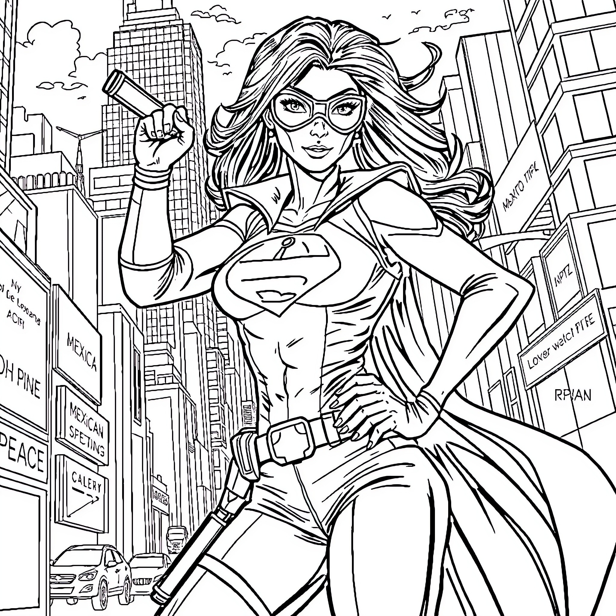 Woman heroically posing in the city Coloring Page (free black-and-white line drawing printable PDF for all, from beginners to advanced learners, including children, teens, adults, and seniors)