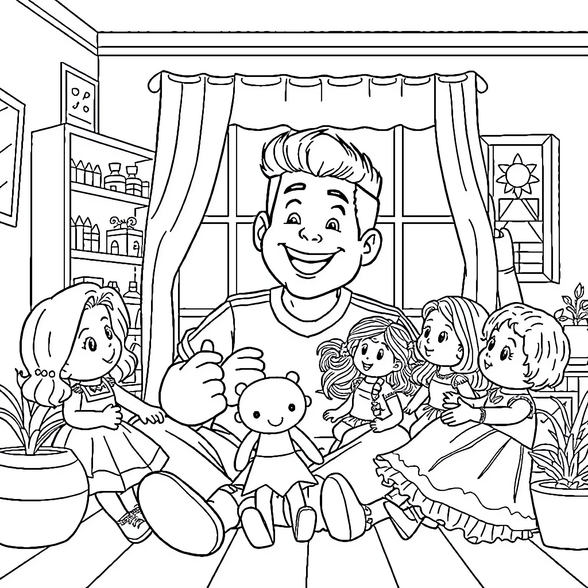 Rafael Correa playing with children in a room Coloring Page (free black-and-white line drawing printable PDF for all, from beginners to advanced learners, including children, teens, adults, and seniors)