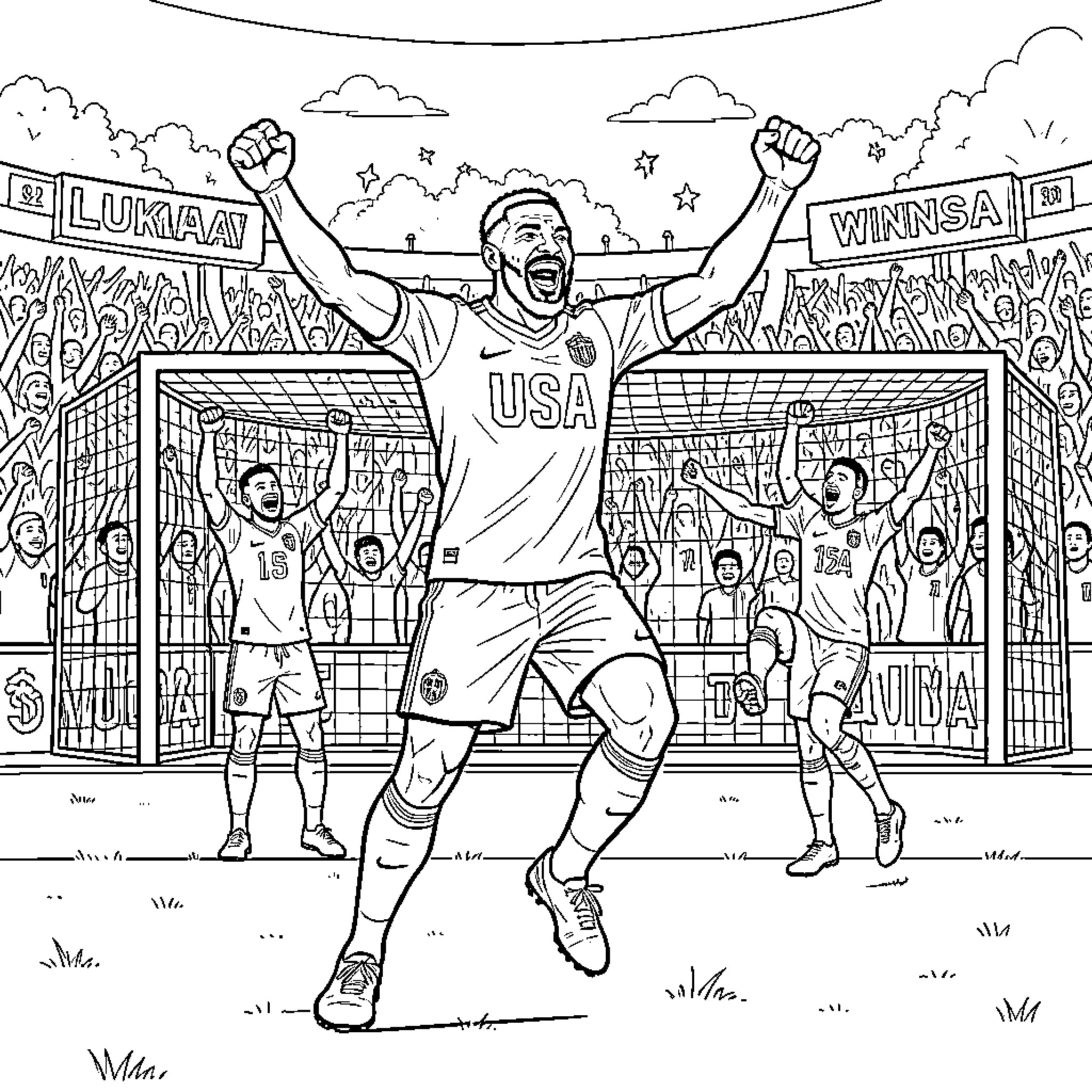 Lukaku celebrating a goal with arms raised high Coloring Page (free black-and-white line drawing printable PDF for all, from beginners to advanced learners, including children, teens, adults, and seniors)