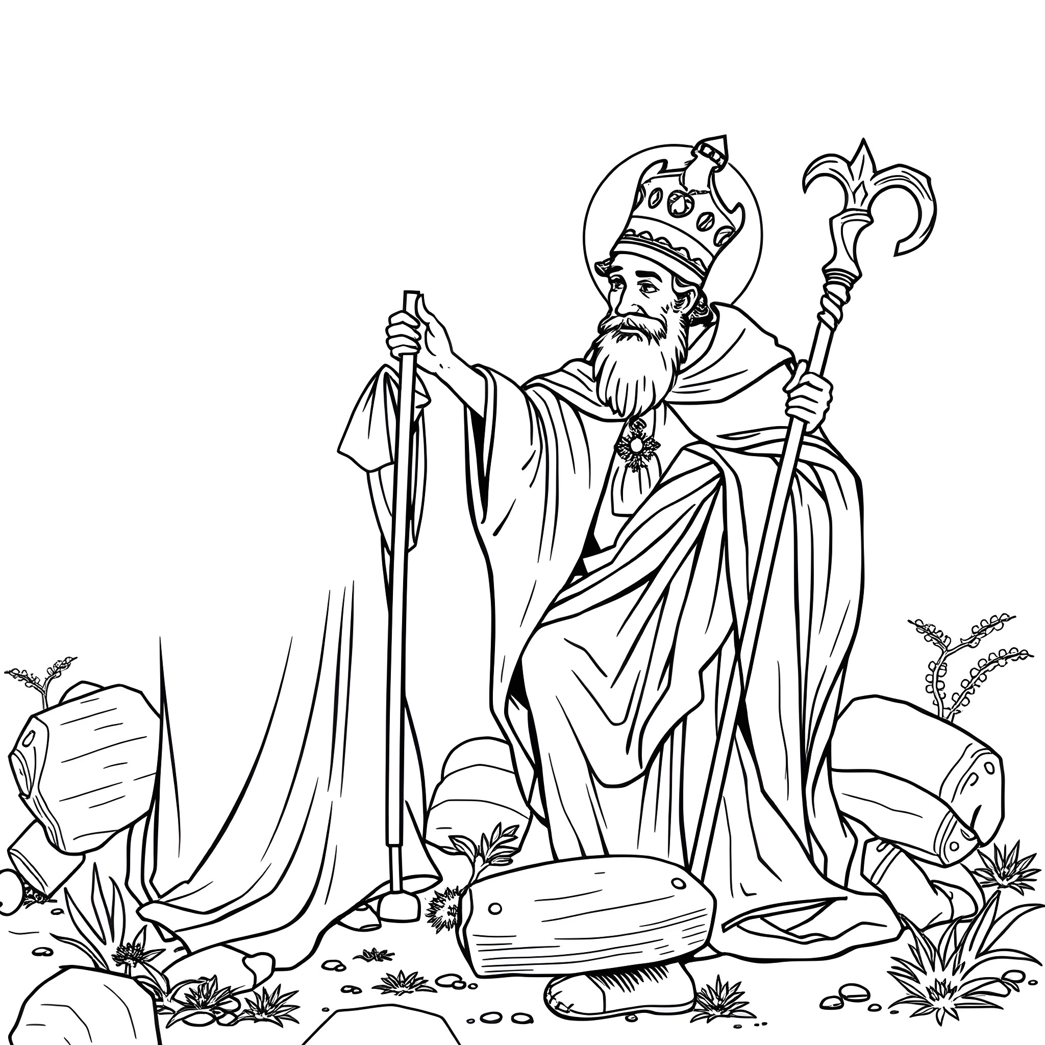 Saint Nicholas in Ornate Robes and Holding Staff Coloring Page (free black-and-white line drawing printable PDF for all, from beginners to advanced learners, including children, teens, adults, and seniors)