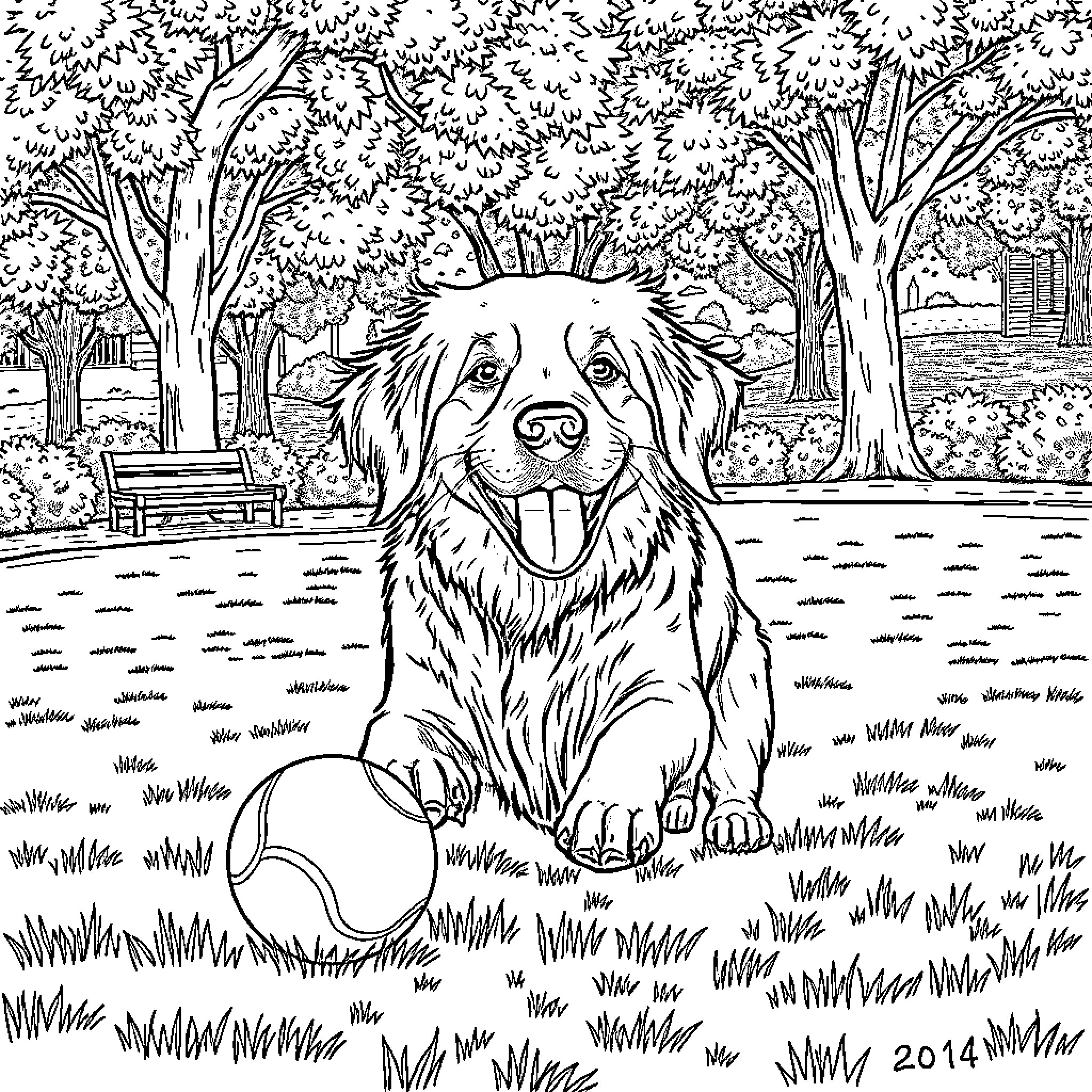 Retriever happily sitting in a serene outdoor scene Coloring Page (free black-and-white line drawing printable PDF for all, from beginners to advanced learners, including children, teens, adults, and seniors)