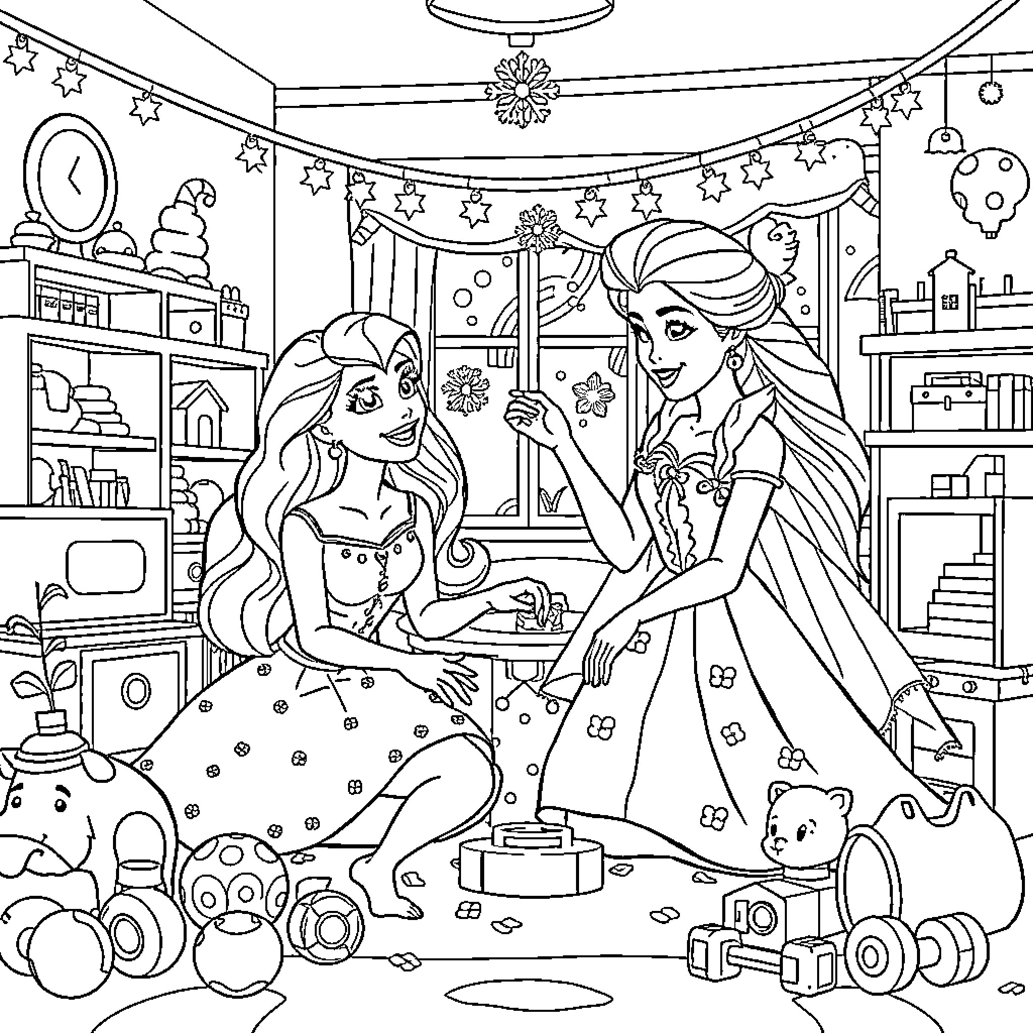 Barbie and Friends Celebrate with Festive Decor Coloring Page (free black-and-white line drawing printable PDF for all, from beginners to advanced learners, including children, teens, adults, and seniors)