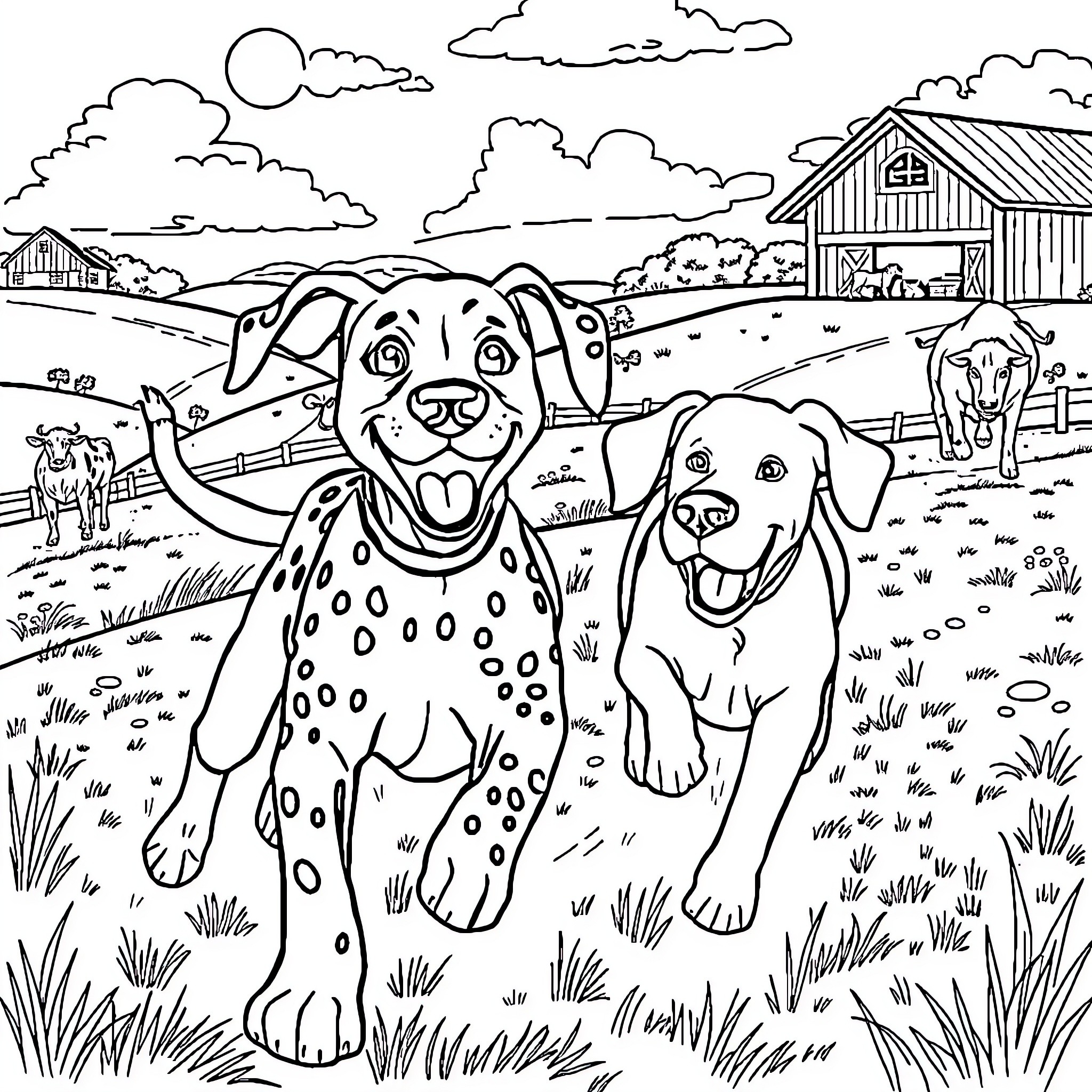 Dog friends enjoying the countryside Coloring Page (free black-and-white line drawing printable PDF for all, from beginners to advanced learners, including children, teens, adults, and seniors)