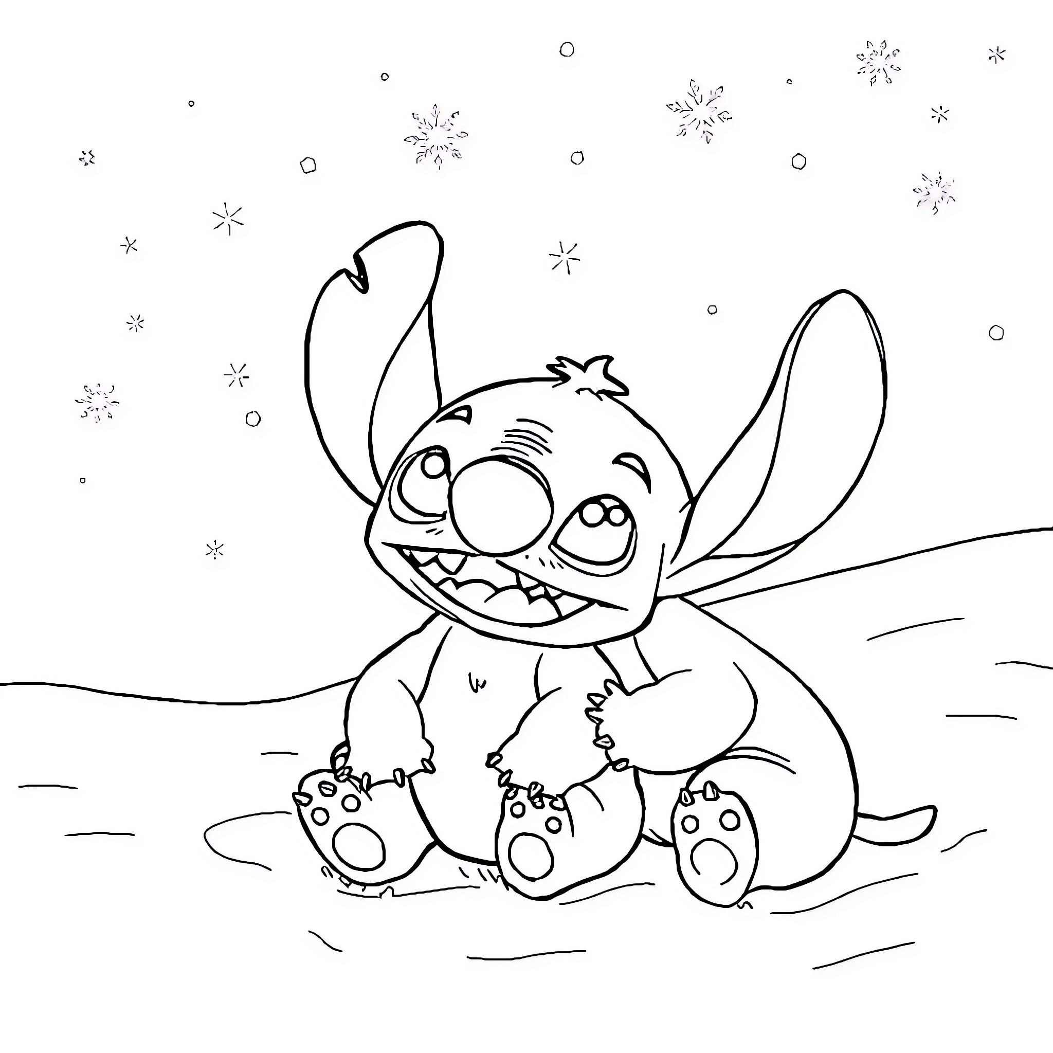 Reine des Neiges - Stitch enjoying the snowy landscape Coloring Page (free black-and-white line drawing printable PDF for all, from beginners to advanced learners, including children, teens, adults, and seniors)