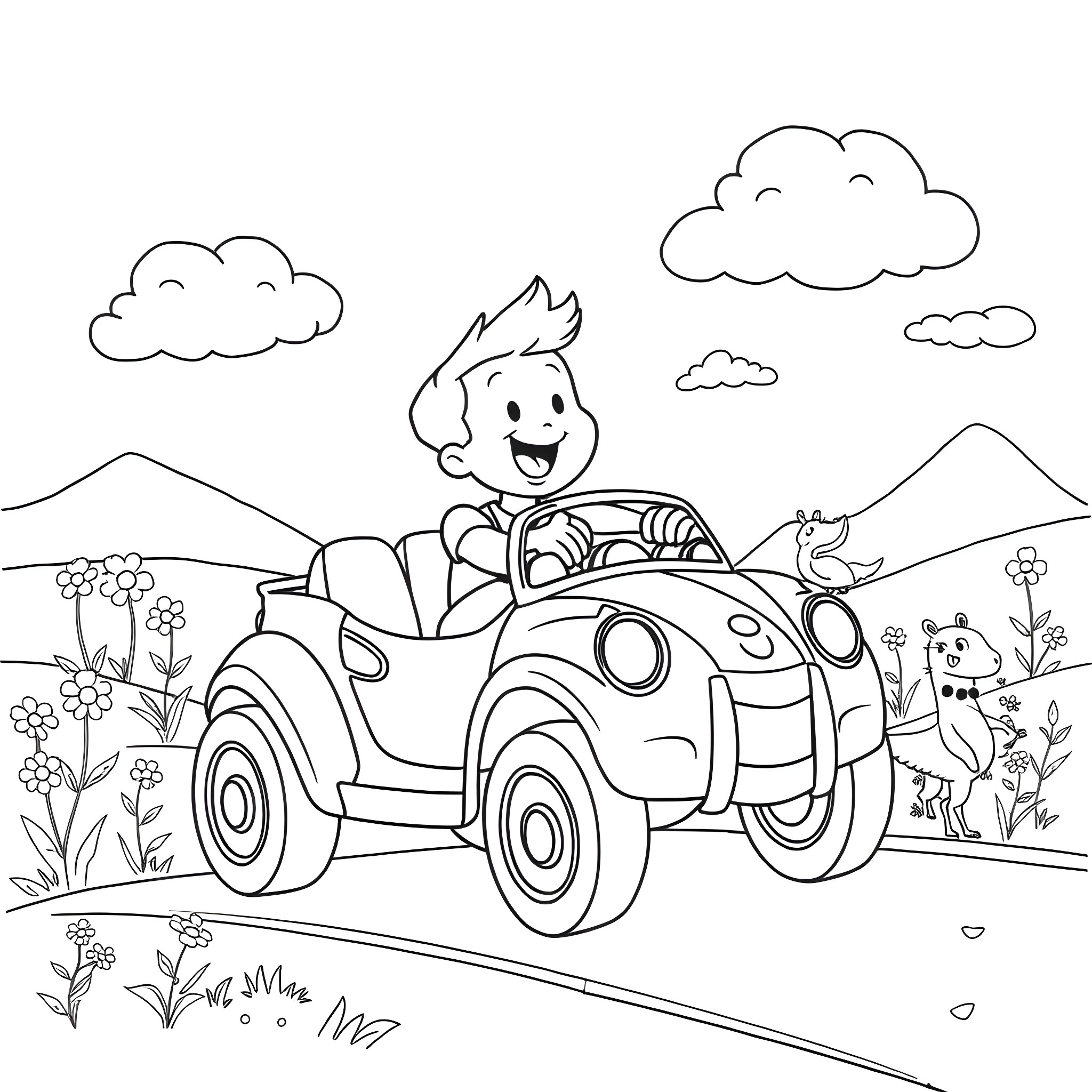 Anpan Man enjoying a joyride in his car Coloring Page (free black-and-white line drawing printable PDF for all, from beginners to advanced learners, including children, teens, adults, and seniors)