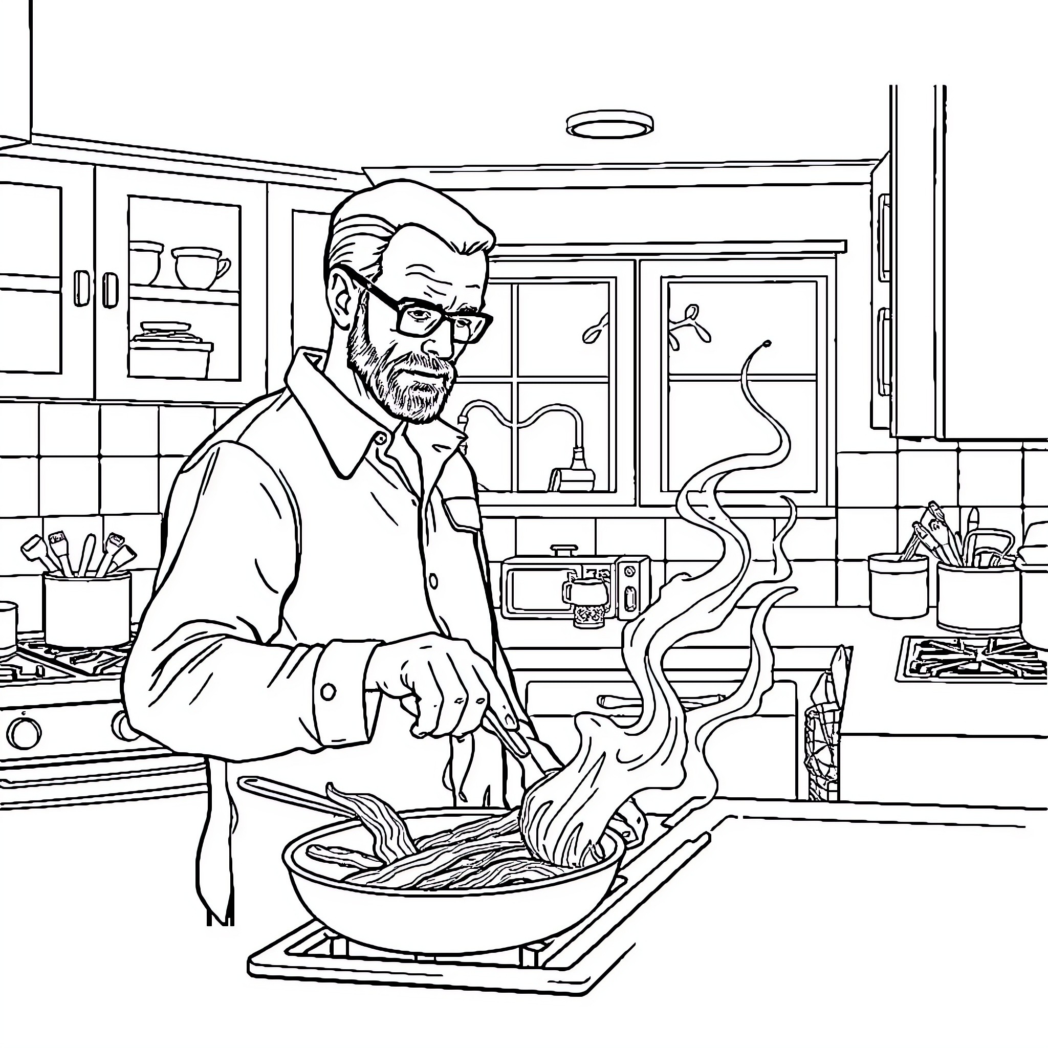 Walter White Cooking in His Home Kitchen Coloring Page (free black-and-white line drawing printable PDF for all, from beginners to advanced learners, including children, teens, adults, and seniors)