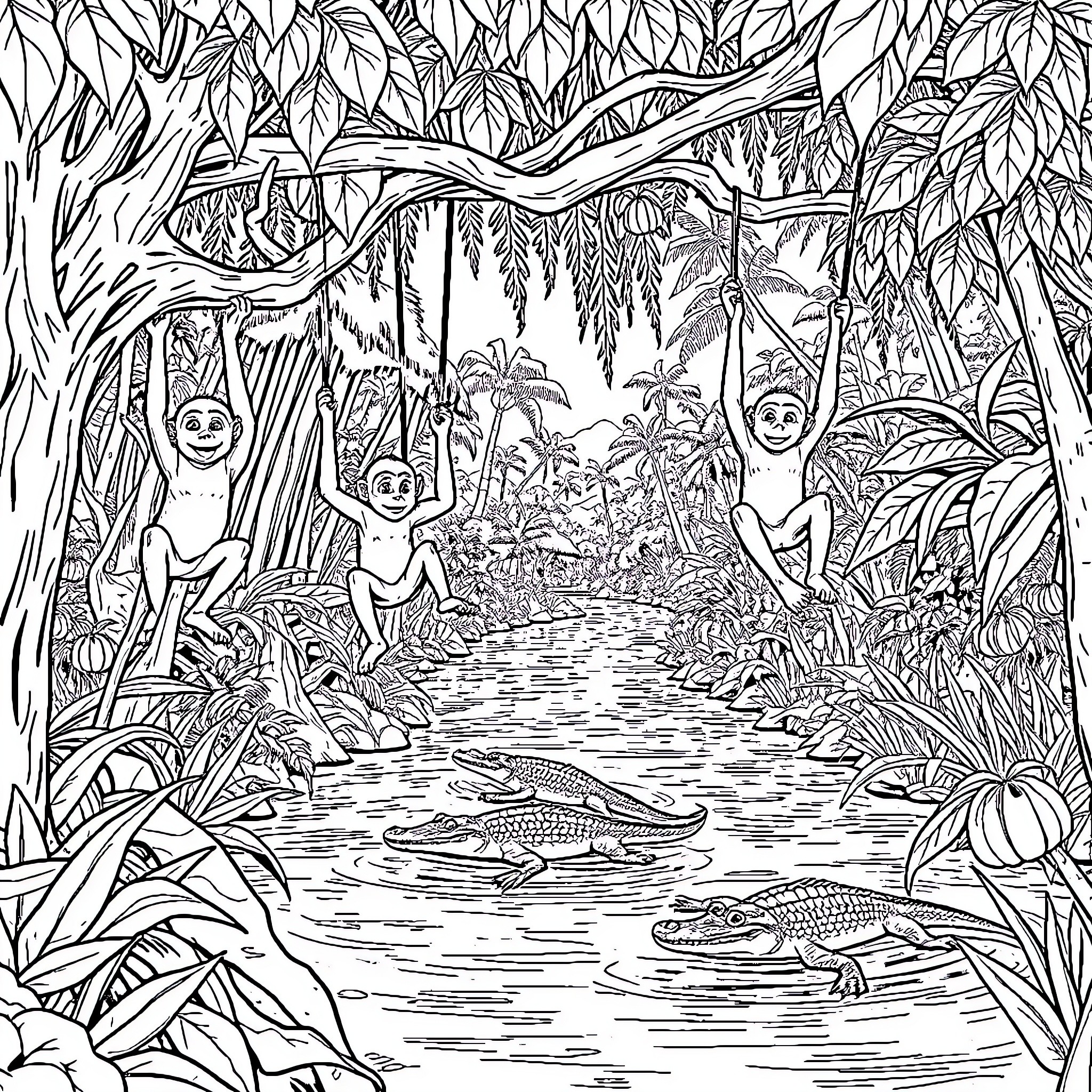 Monkey playing in lush tropical jungle Coloring Page (free black-and-white line drawing printable PDF for all, from beginners to advanced learners, including children, teens, adults, and seniors)