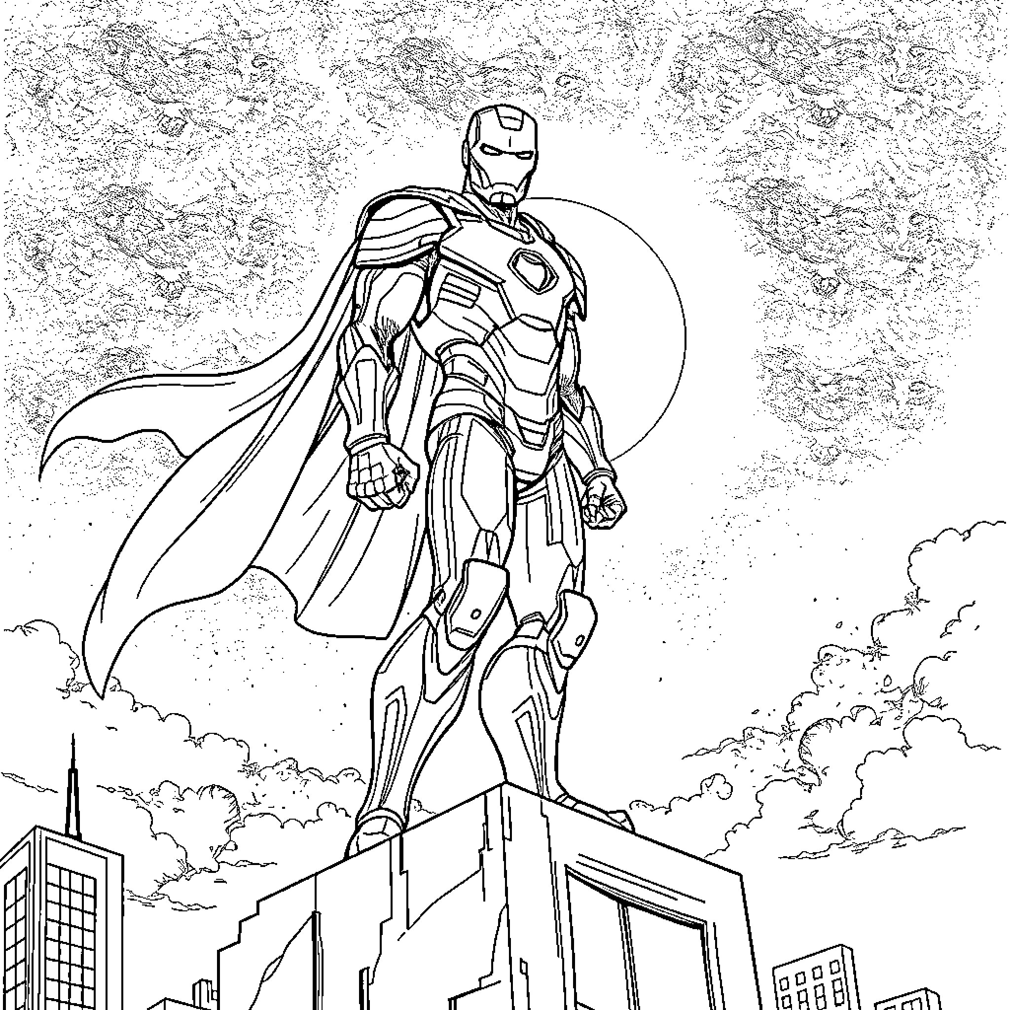 Iron Man standing heroically in the city Coloring Page (free black-and-white line drawing printable PDF for all, from beginners to advanced learners, including children, teens, adults, and seniors)