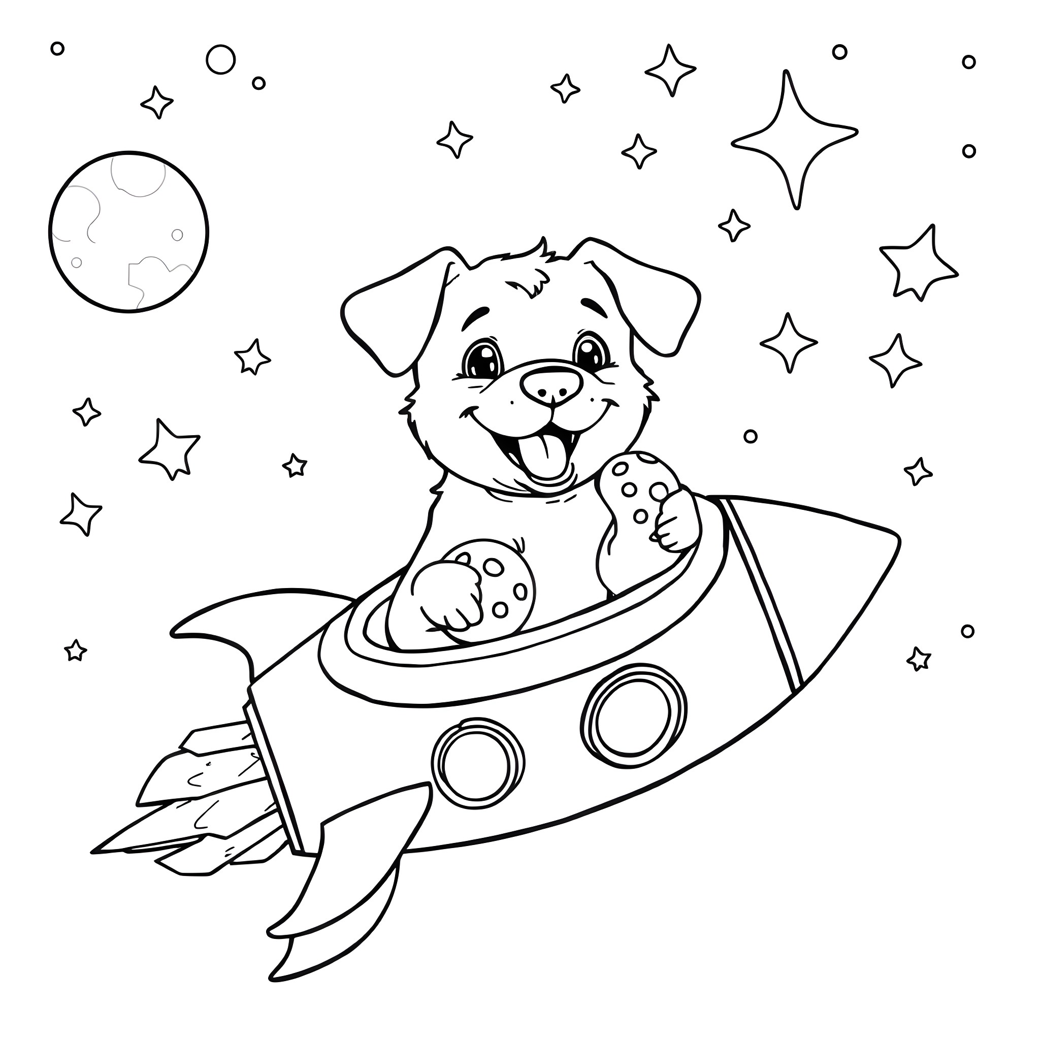 Dog riding a rocket ship in space Coloring Page (free black-and-white line drawing printable PDF for all, from beginners to advanced learners, including children, teens, adults, and seniors)