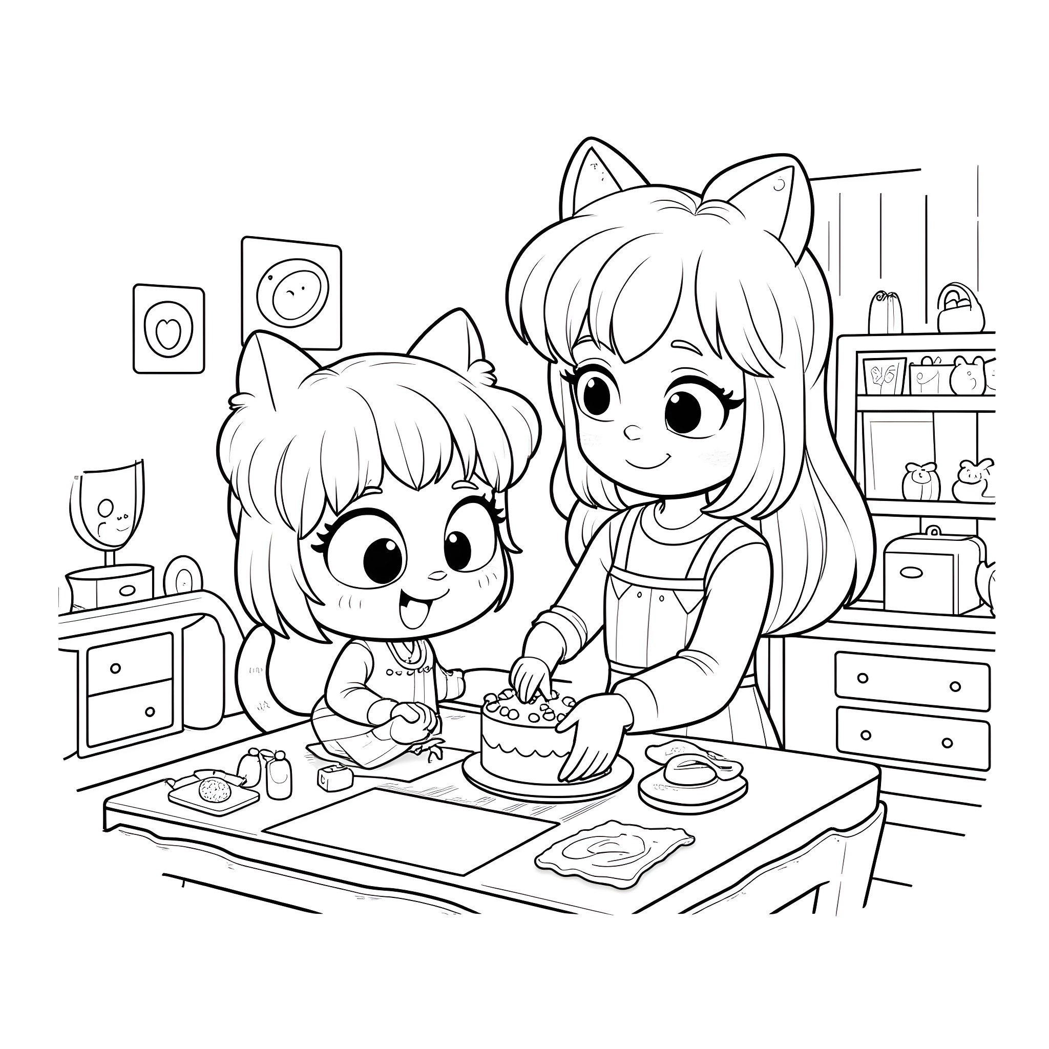 Gabby and her friend baking a cake together Coloring Page (free black-and-white line drawing printable PDF for all, from beginners to advanced learners, including children, teens, adults, and seniors)