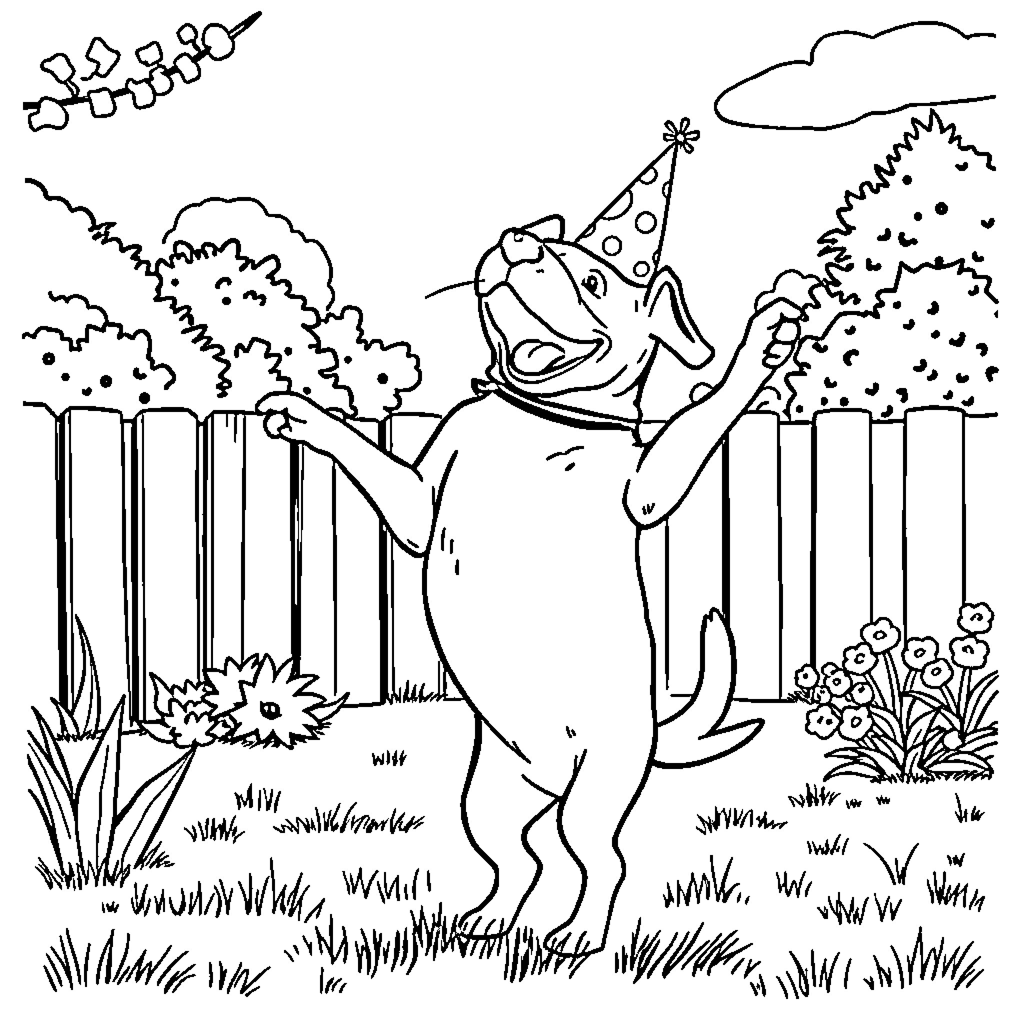 Dog Celebrating Its Birthday in the Backyard Coloring Page (free black-and-white line drawing printable PDF for all, from beginners to advanced learners, including children, teens, adults, and seniors)