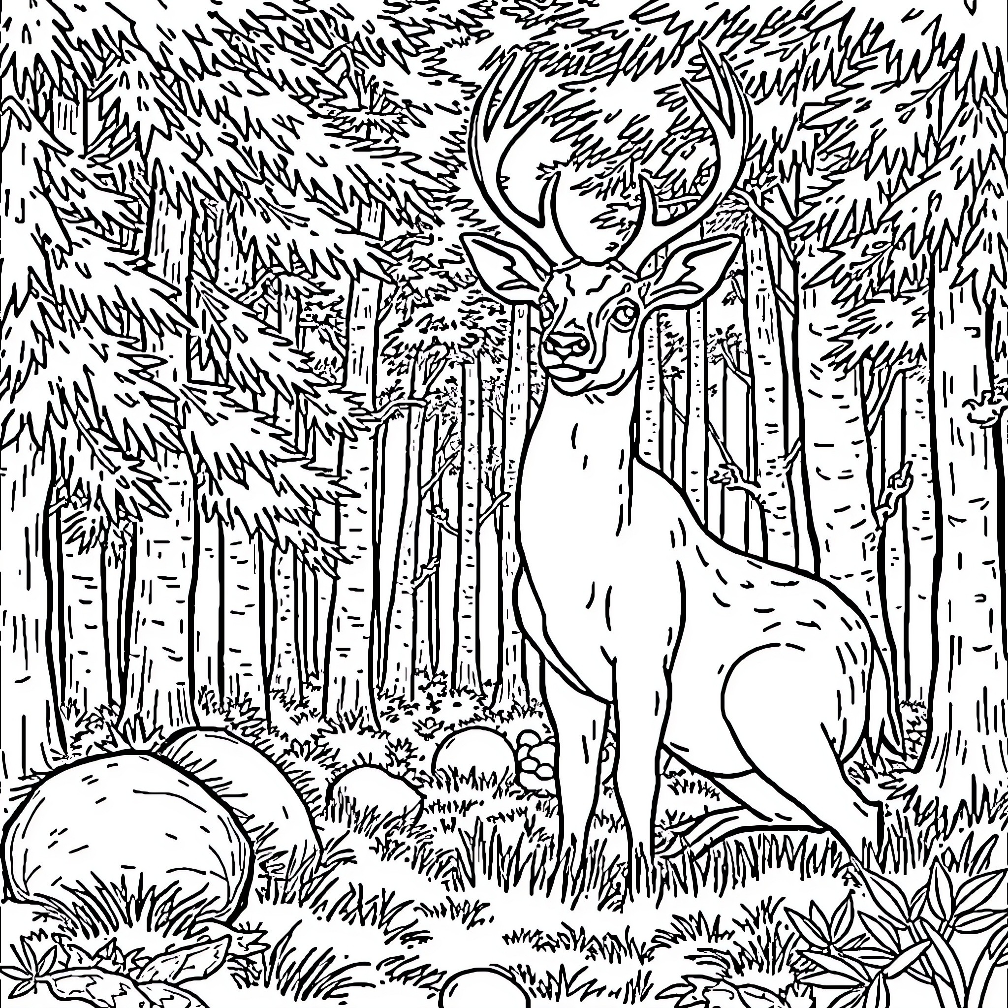 Deer standing in a dense forest Coloring Page (free black-and-white line drawing printable PDF for all, from beginners to advanced learners, including children, teens, adults, and seniors)