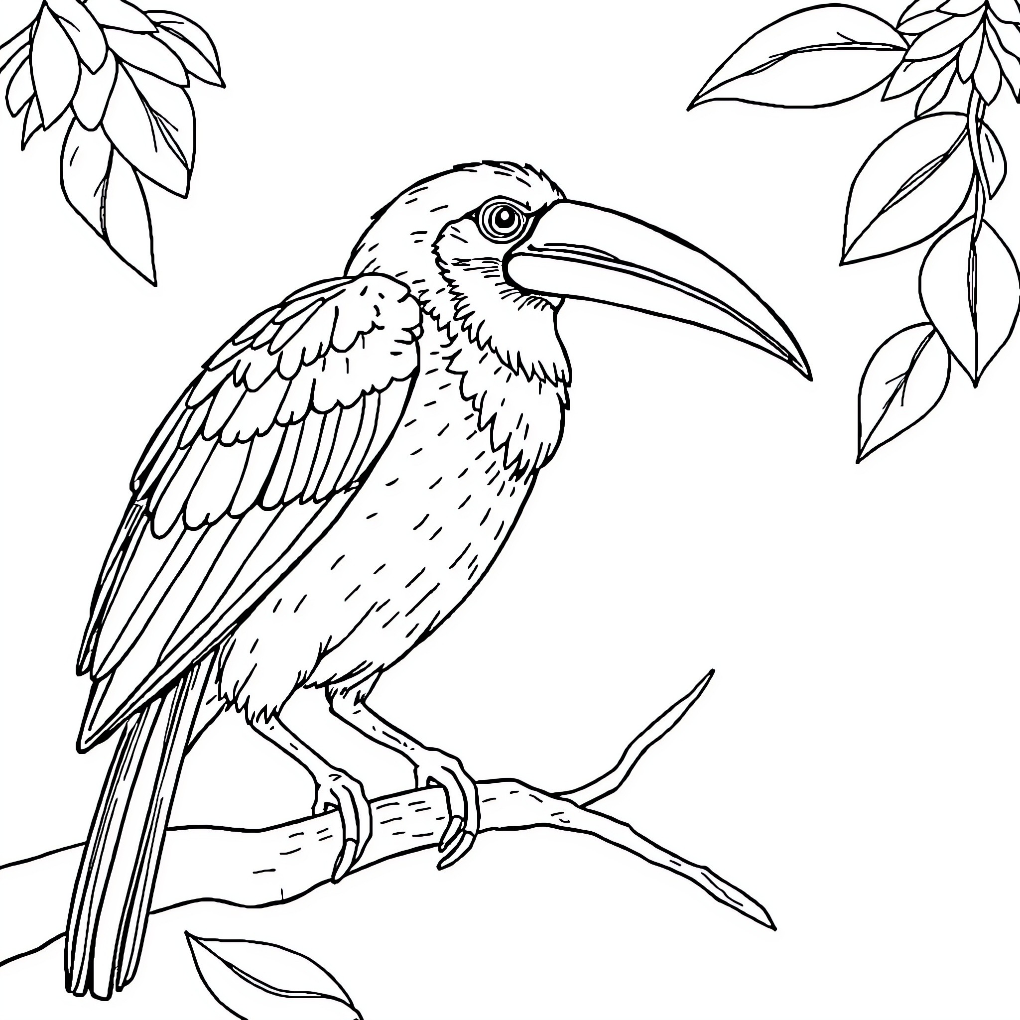 Animal bird resting on branch with leaves Coloring Page (free black-and-white line drawing printable PDF for all, from beginners to advanced learners, including children, teens, adults, and seniors)