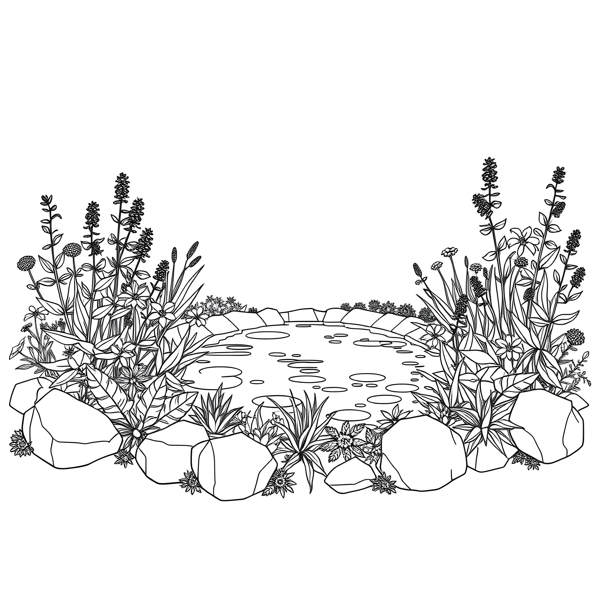 Herb Garden Scene with Scenic Pond Coloring Page (free black-and-white line drawing printable PDF for all, from beginners to advanced learners, including children, teens, adults, and seniors)