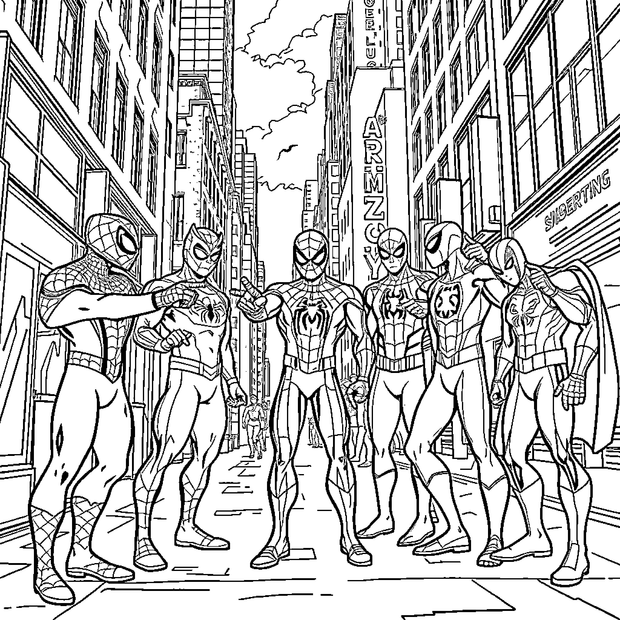 Spider-Man and his allies in an urban setting Coloring Page (free black-and-white line drawing printable PDF for all, from beginners to advanced learners, including children, teens, adults, and seniors)