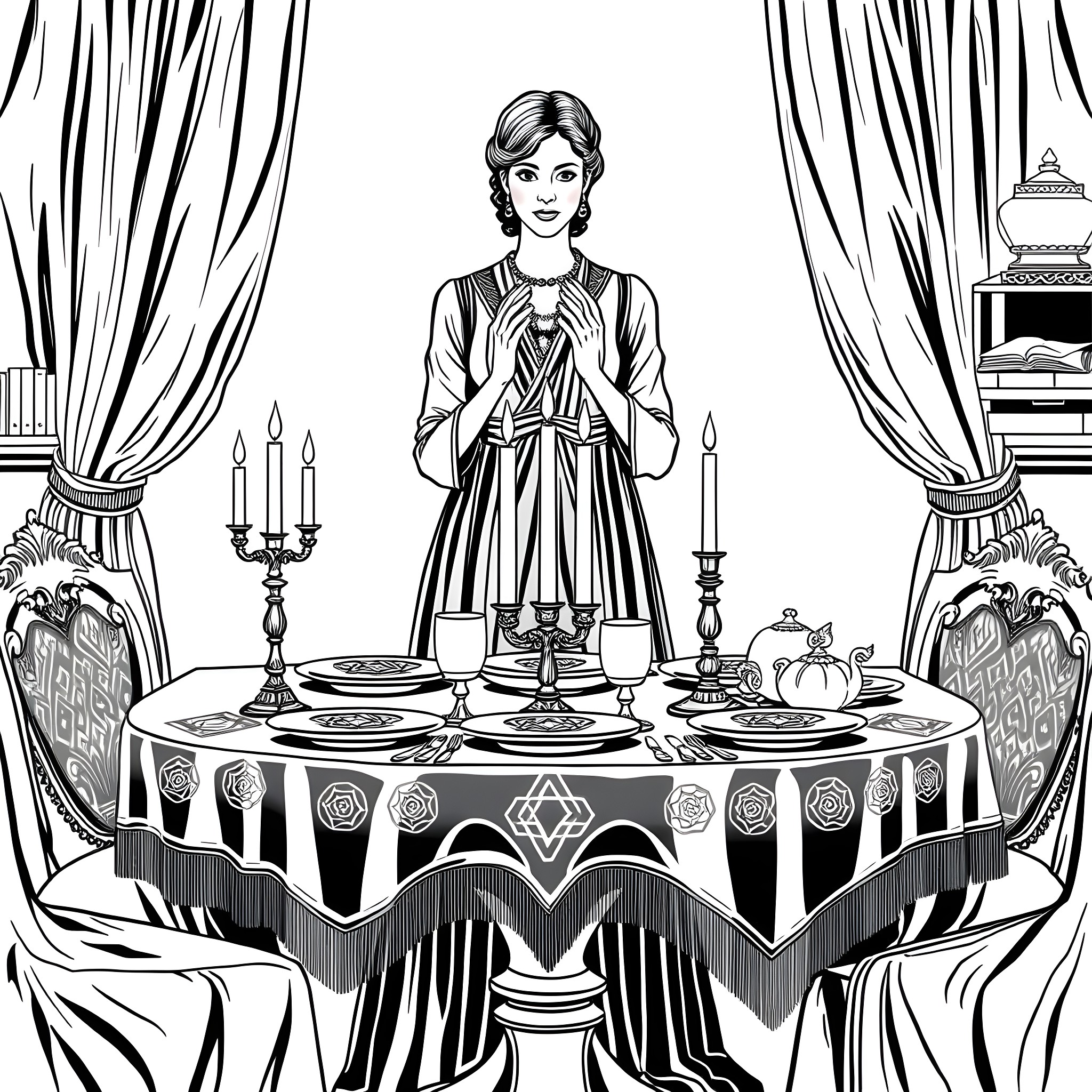 Woman serving a formal dining table in an elegant setting Coloring Page (free black-and-white line drawing printable PDF for all, from beginners to advanced learners, including children, teens, adults, and seniors)