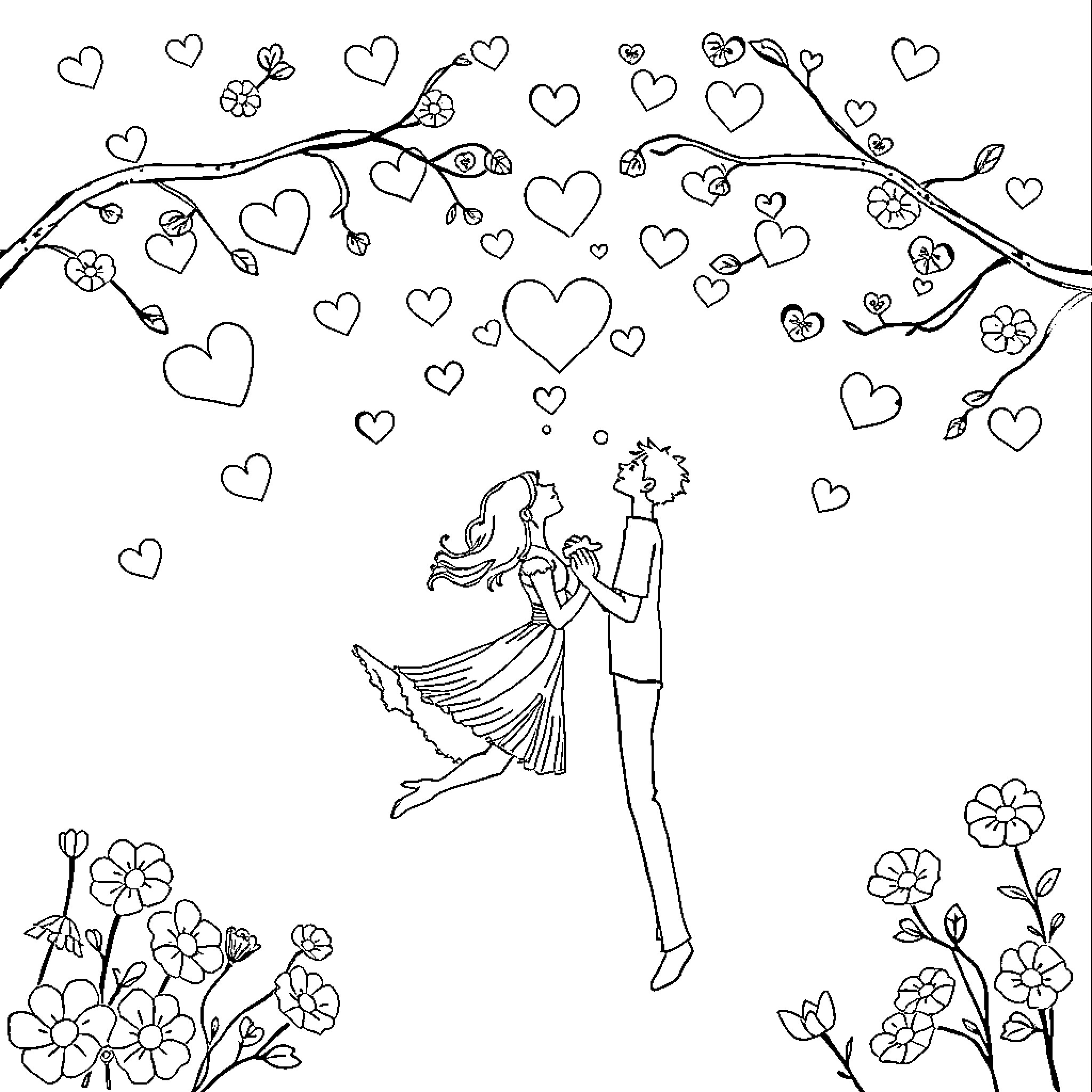 Love Blooming in a Garden of Hearts Coloring Page (free black-and-white line drawing printable PDF for all, from beginners to advanced learners, including children, teens, adults, and seniors)