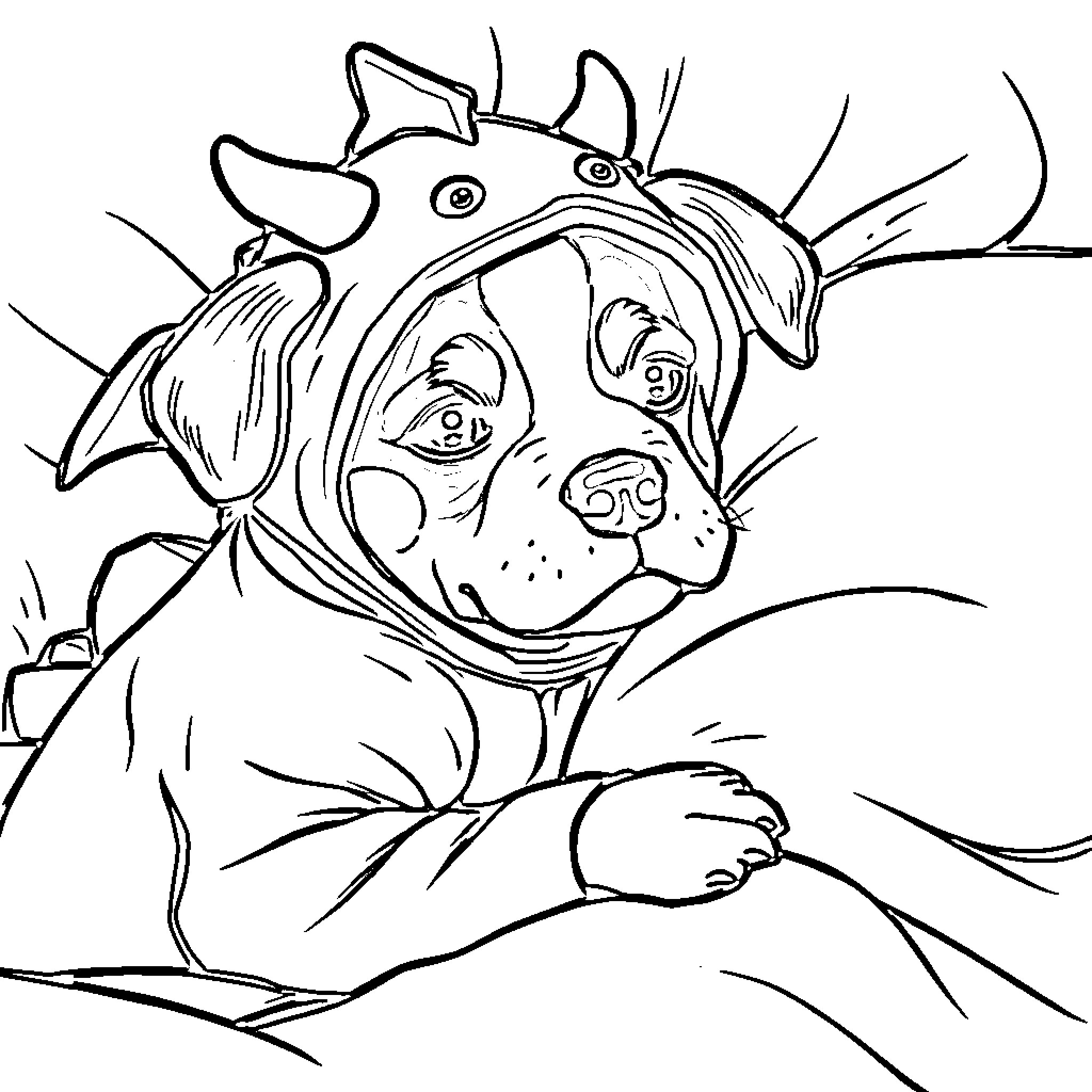 Dog wearing funny costume Coloring Page (free black-and-white line drawing printable PDF for all, from beginners to advanced learners, including children, teens, adults, and seniors)