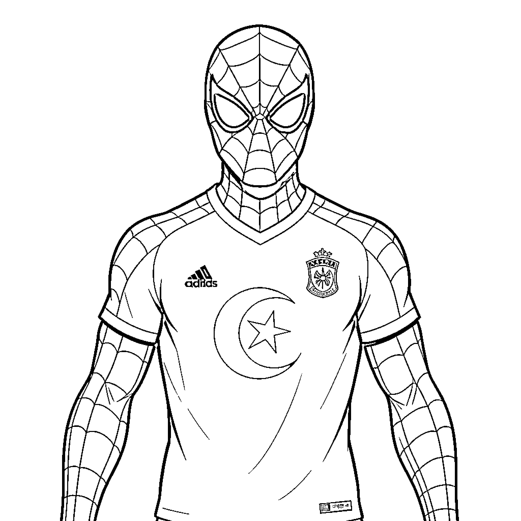 Spiderman wearing a soccer jersey and superhero suit Coloring Page (free black-and-white line drawing printable PDF for all, from beginners to advanced learners, including children, teens, adults, and seniors)