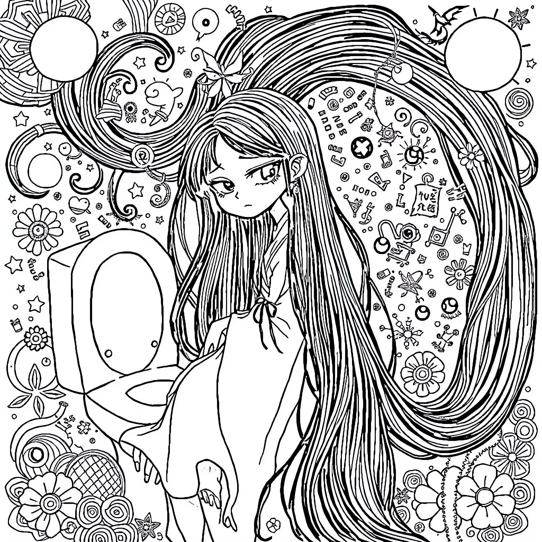 Cheuksin: A Whimsical Dream-like Illustration Coloring Page (free black-and-white line drawing printable PDF for all, from beginners to advanced learners, including children, teens, adults, and seniors)