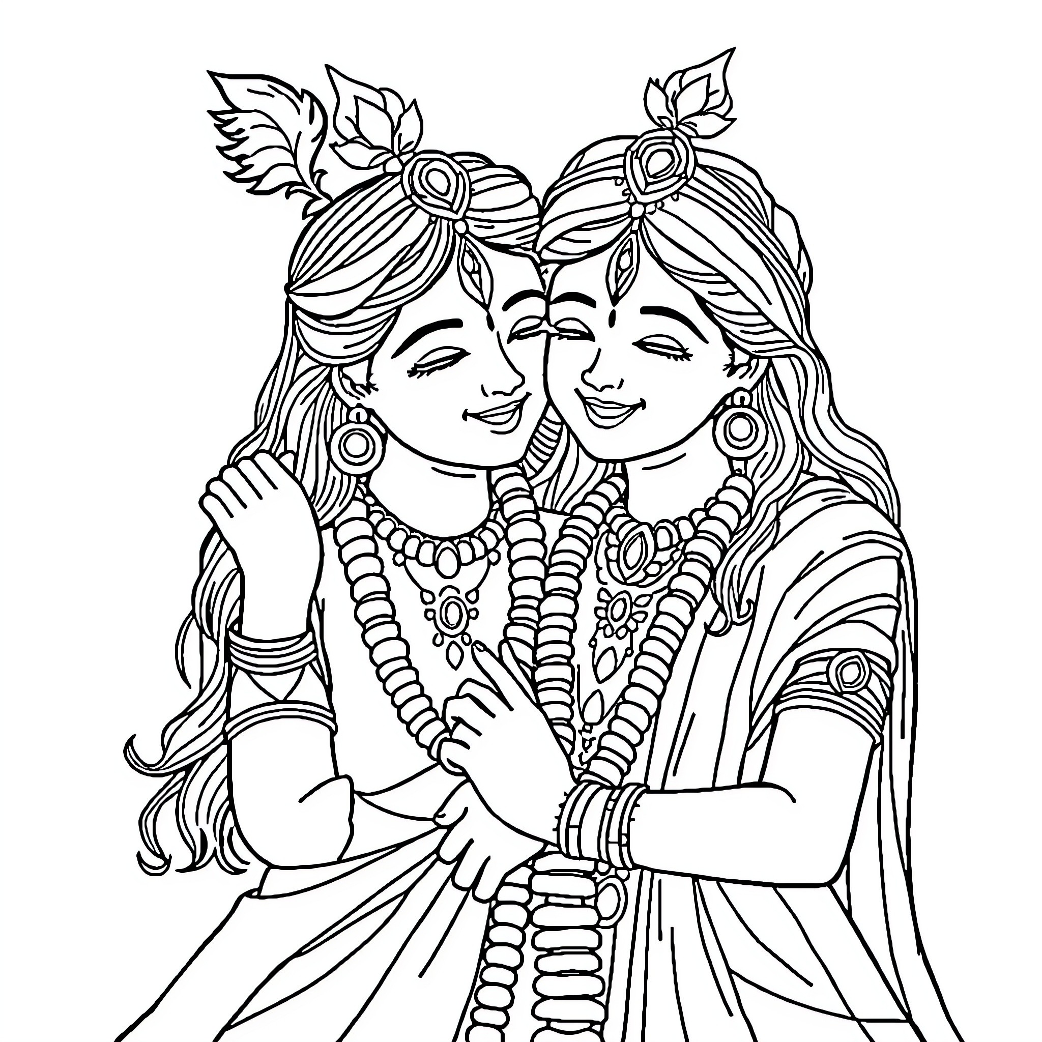 Radha and Krishna in Intimate Embrace Coloring Page (free black-and-white line drawing printable PDF for all, from beginners to advanced learners, including children, teens, adults, and seniors)