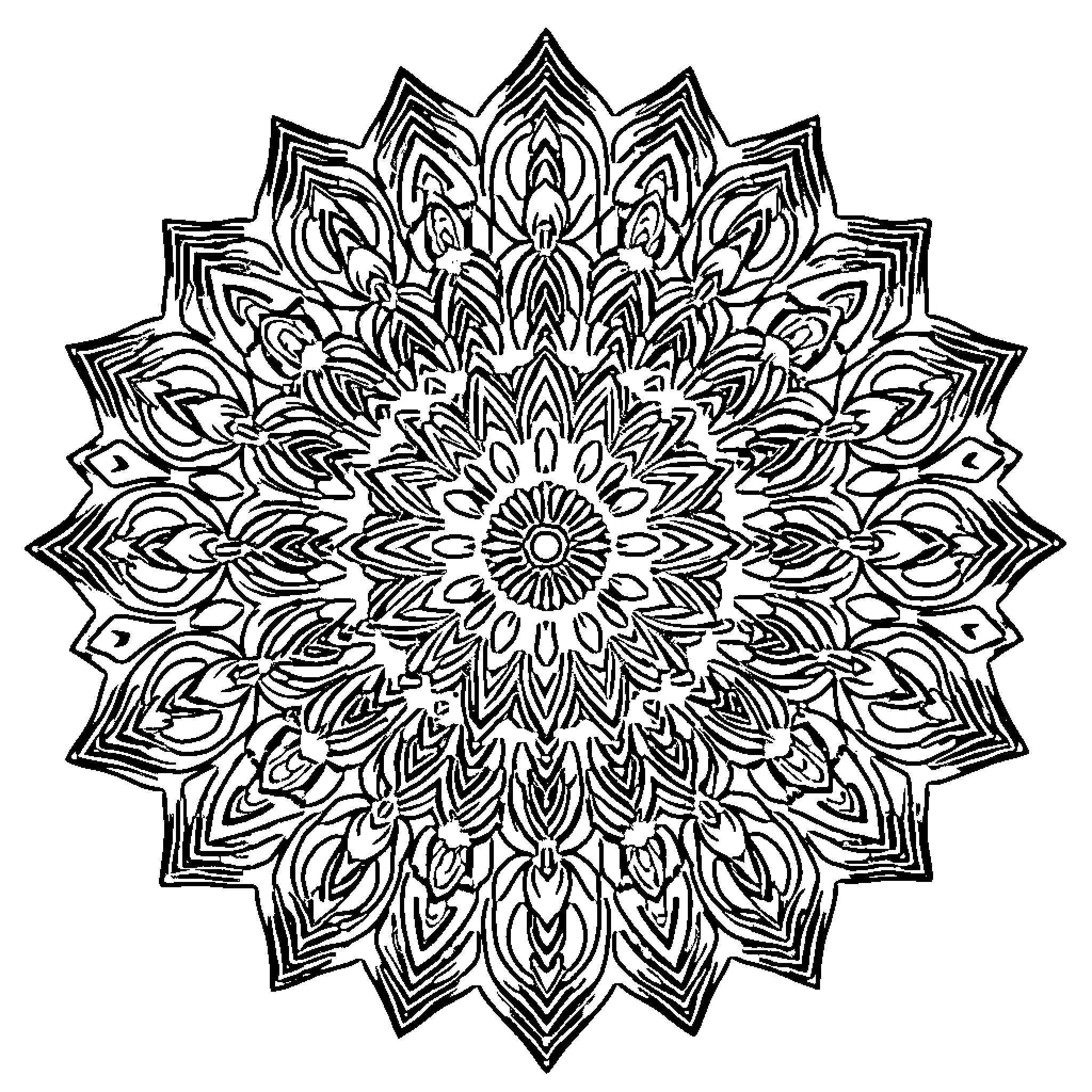 Mandala of Intricate Geometric Patterns Coloring Page (free black-and-white line drawing printable PDF for all, from beginners to advanced learners, including children, teens, adults, and seniors)