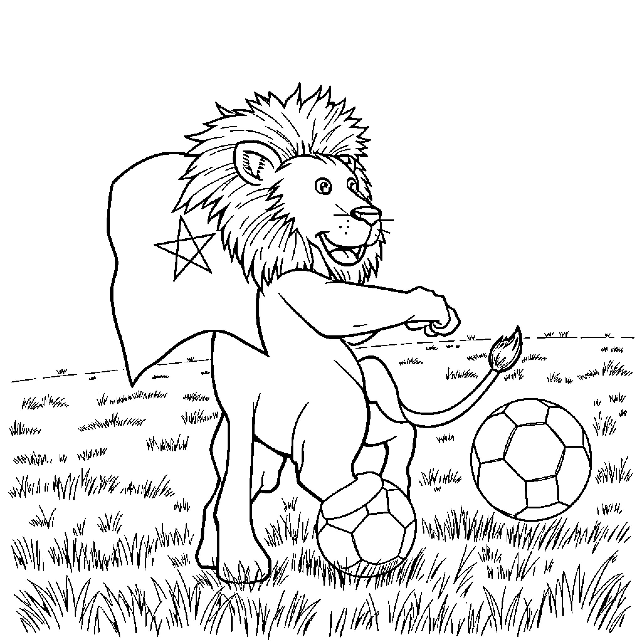 Lion playing with soccer balls on grassy field Coloring Page (free black-and-white line drawing printable PDF for all, from beginners to advanced learners, including children, teens, adults, and seniors)