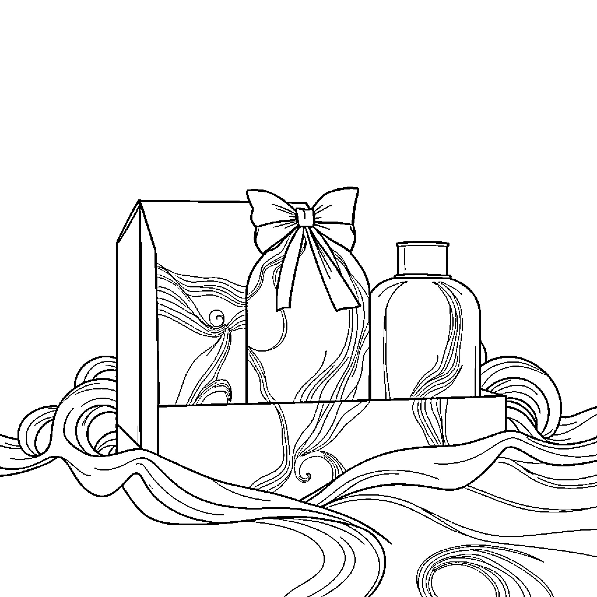 Packaging with Elegant Bows and Swirling Designs Coloring Page (free black-and-white line drawing printable PDF for all, from beginners to advanced learners, including children, teens, adults, and seniors)