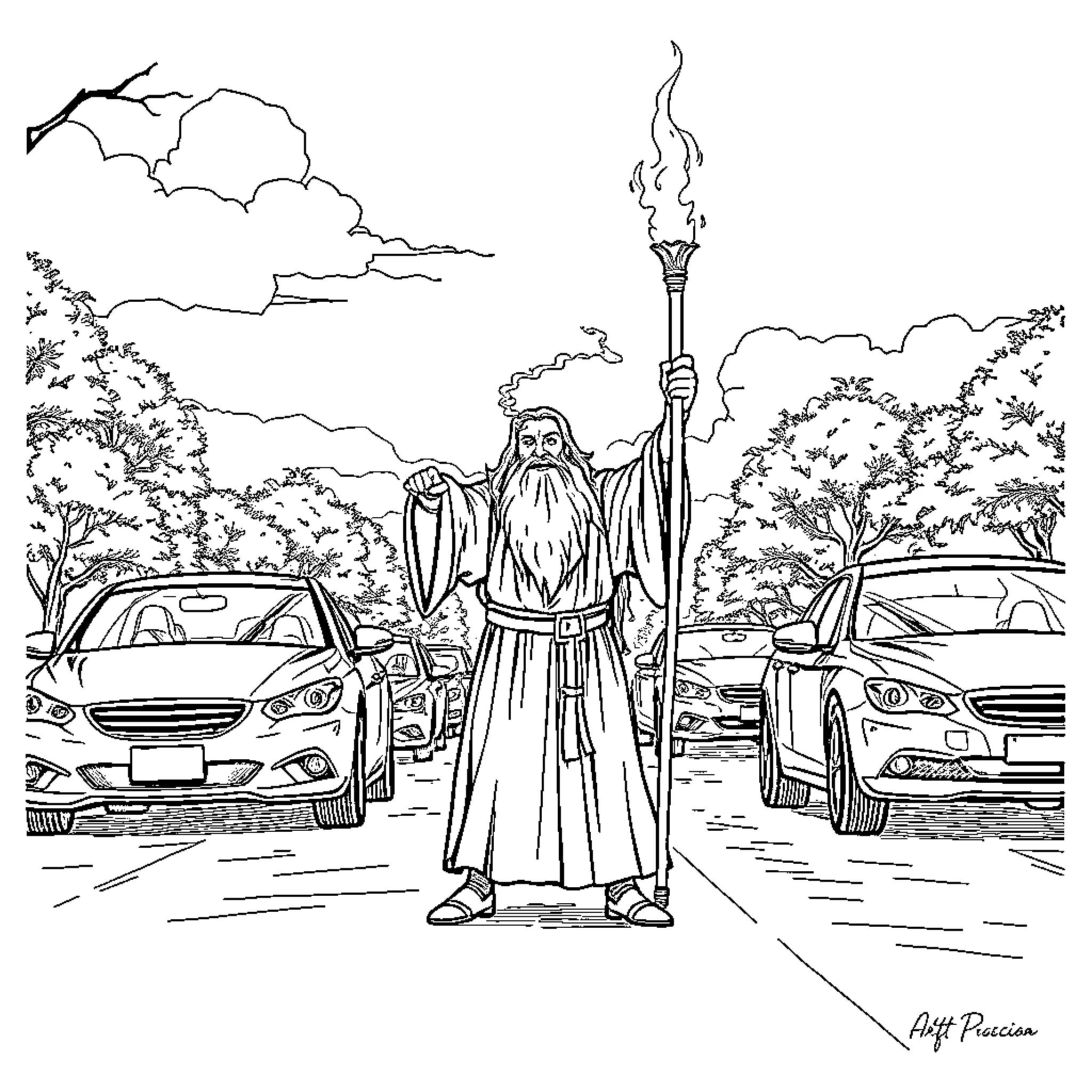 Gandalf confronting vehicles on a forested road Coloring Page (free black-and-white line drawing printable PDF for all, from beginners to advanced learners, including children, teens, adults, and seniors)