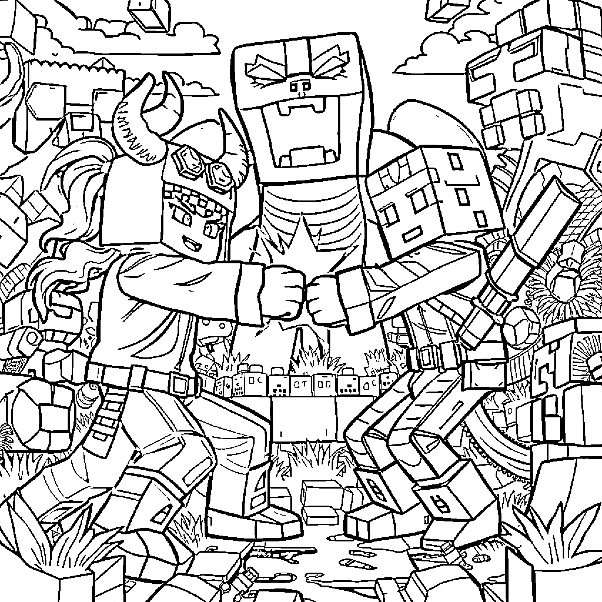 K-POP Demon Hunter Unleashes Robotic Mayhem in the City Coloring Page (free black-and-white line drawing printable PDF for all, from beginners to advanced learners, including children, teens, adults, and seniors)