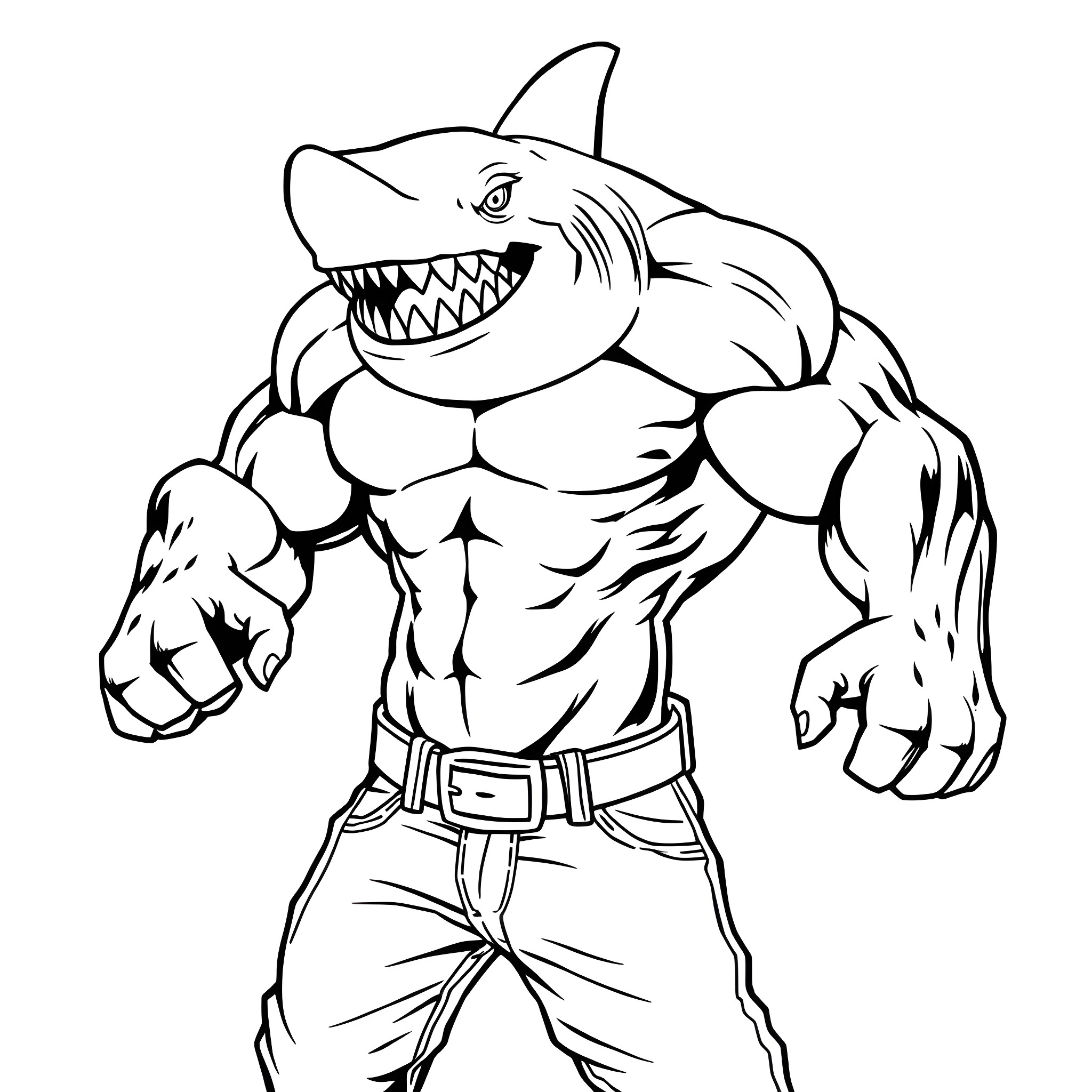 Shark warrior with clenched fists Coloring Page (free black-and-white line drawing printable PDF for all, from beginners to advanced learners, including children, teens, adults, and seniors)