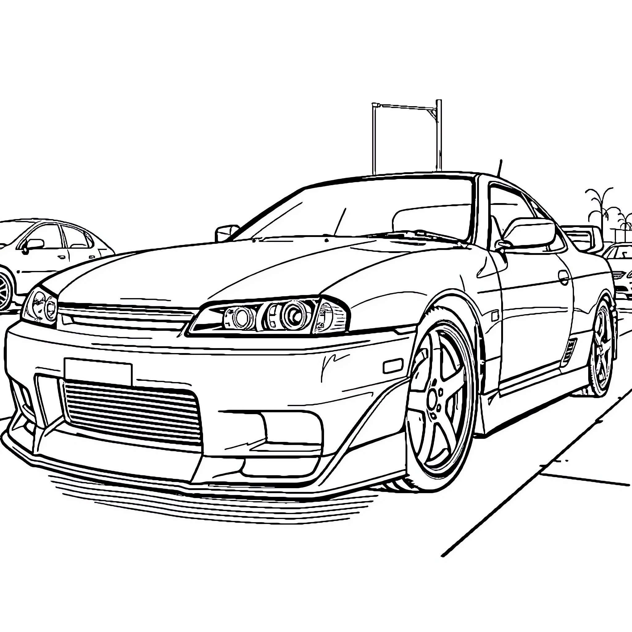 Nissan Silvia street racing scene Coloring Page (free black-and-white line drawing printable PDF for all, from beginners to advanced learners, including children, teens, adults, and seniors)