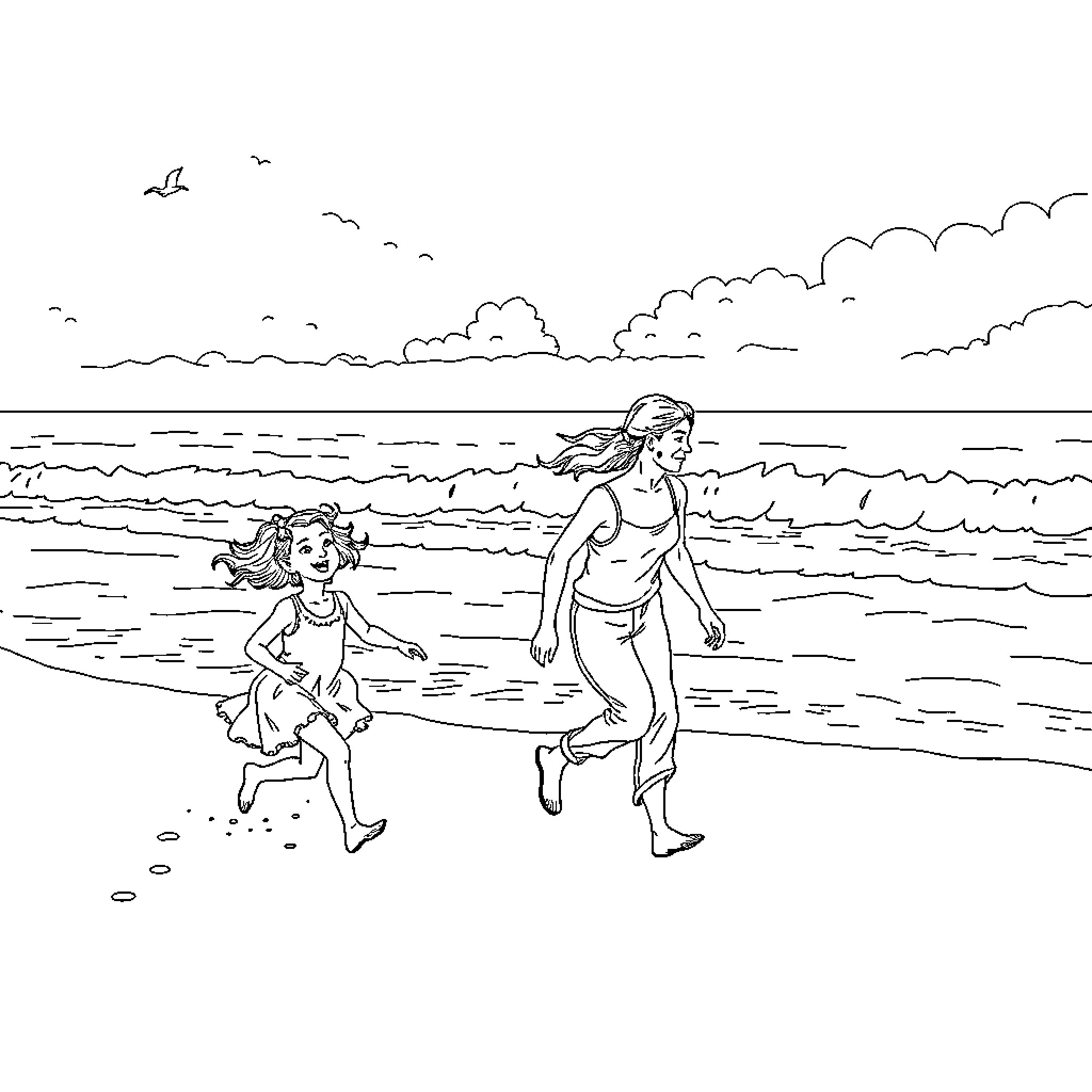 Niños playing and running on the beach Coloring Page (free black-and-white line drawing printable PDF for all, from beginners to advanced learners, including children, teens, adults, and seniors)