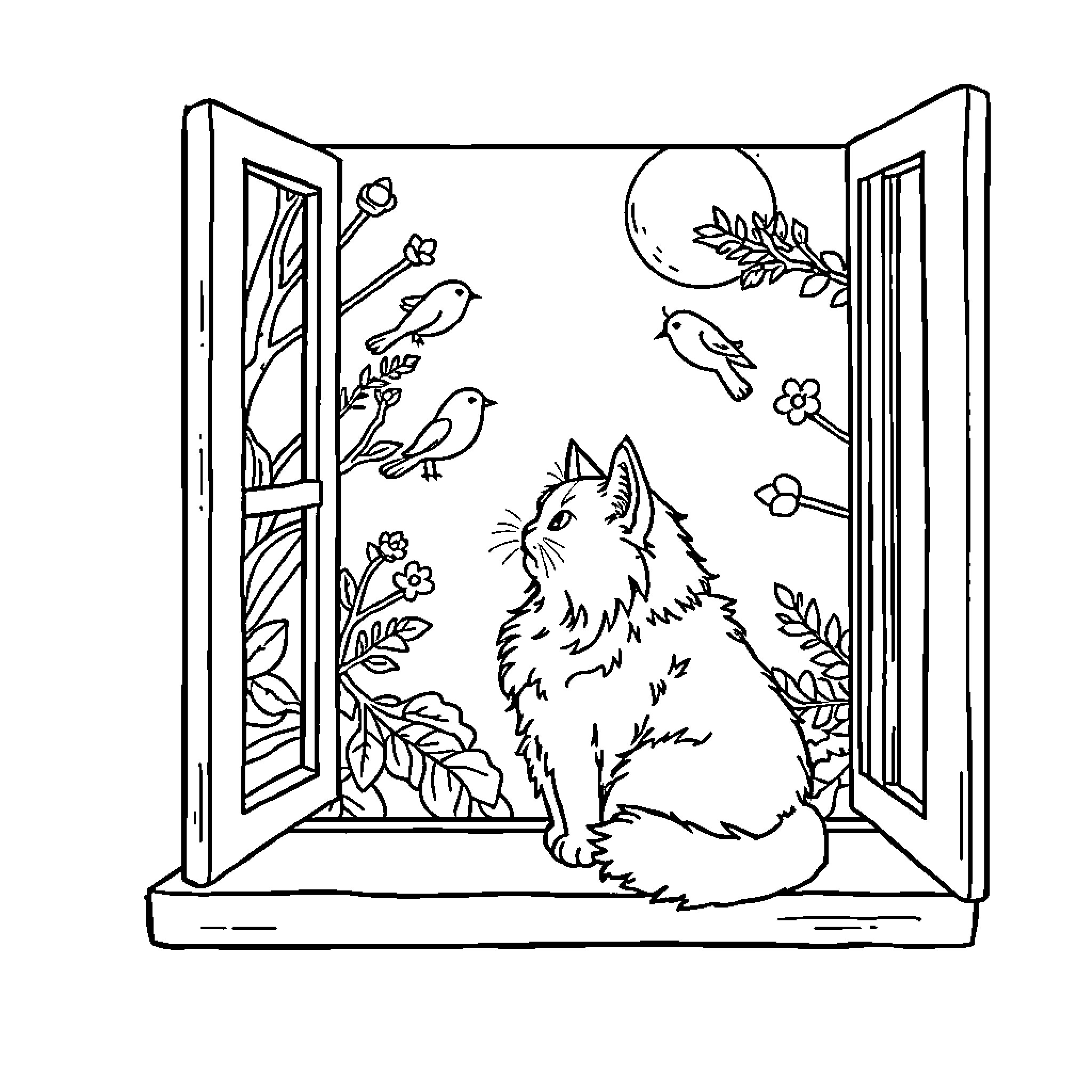 Cat observing birds through open window Coloring Page (free black-and-white line drawing printable PDF for all, from beginners to advanced learners, including children, teens, adults, and seniors)