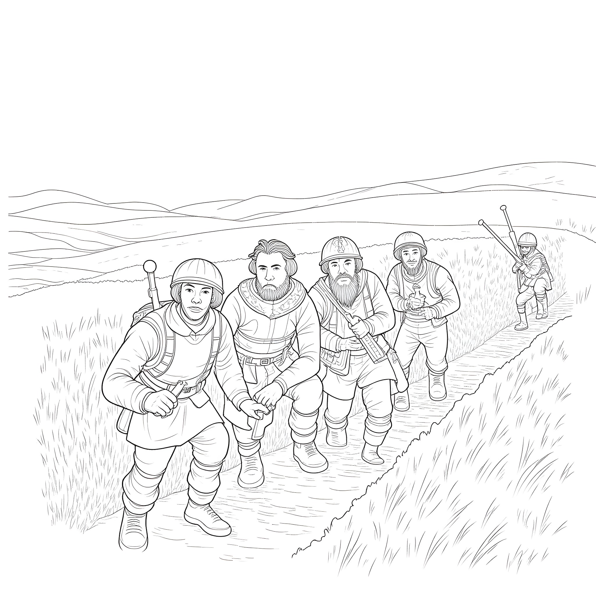 War scene with armed soldiers marching on the field Coloring Page (free black-and-white line drawing printable PDF for all, from beginners to advanced learners, including children, teens, adults, and seniors)