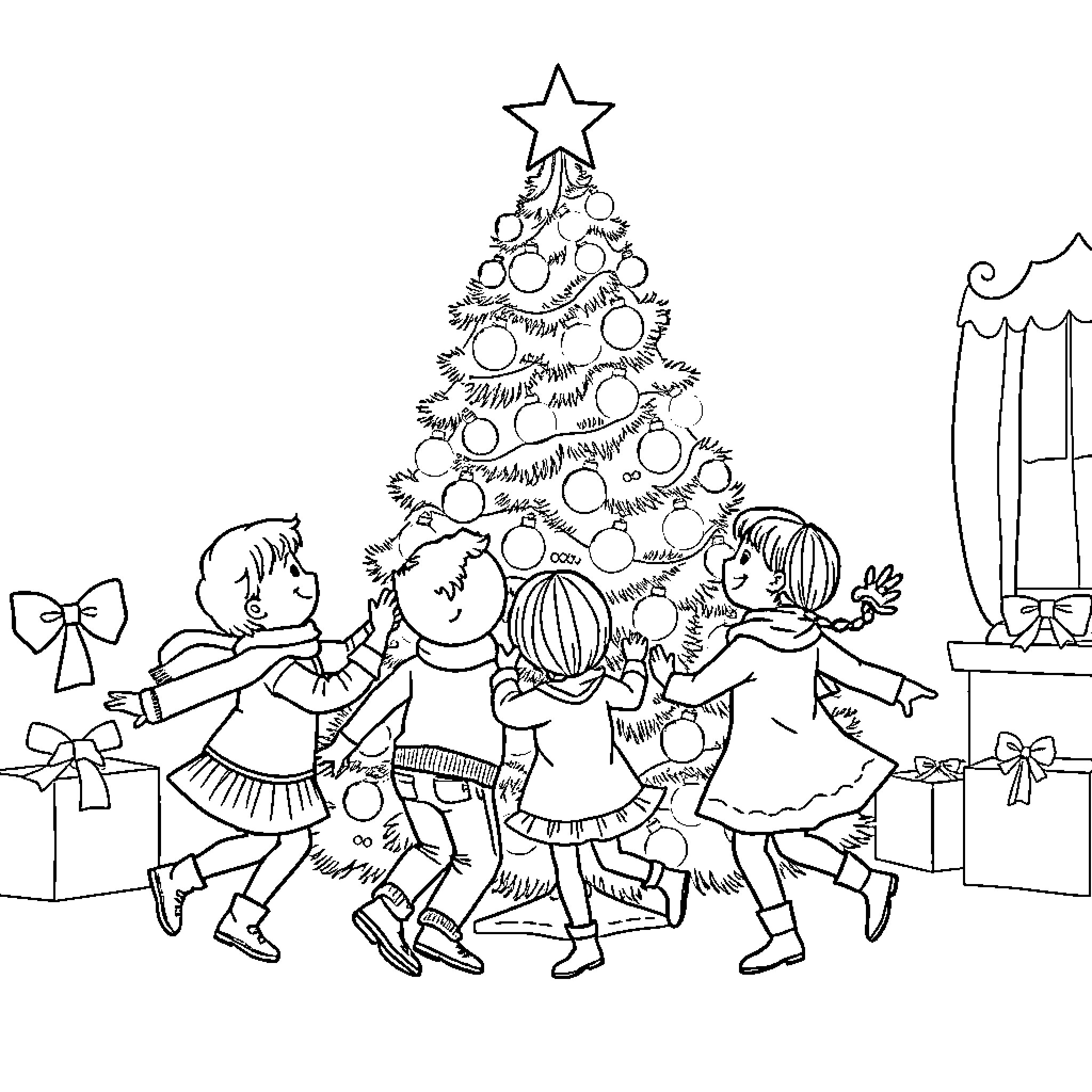 Kid Celebrating Christmas with Friends Around the Tree Coloring Page (free black-and-white line drawing printable PDF for all, from beginners to advanced learners, including children, teens, adults, and seniors)