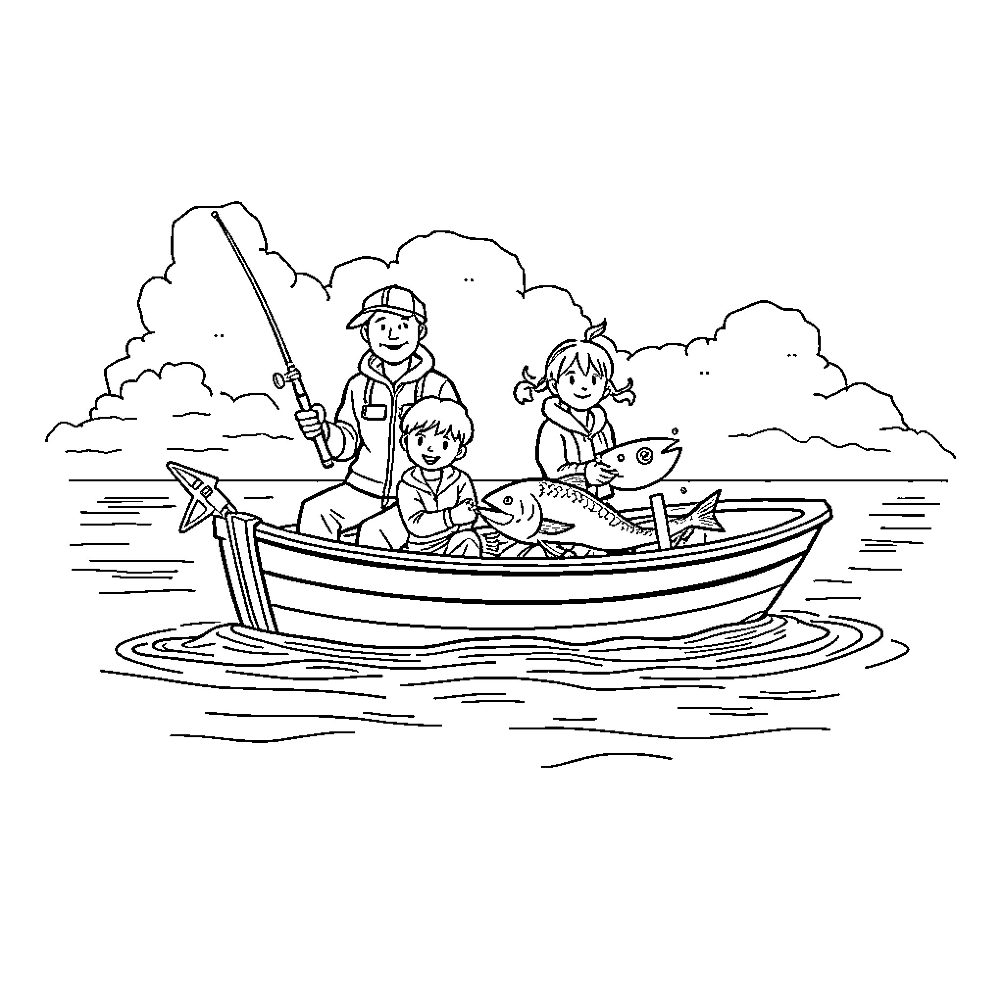 Family Fishing Trip on the Lake Coloring Page (free black-and-white line drawing printable PDF for all, from beginners to advanced learners, including children, teens, adults, and seniors)
