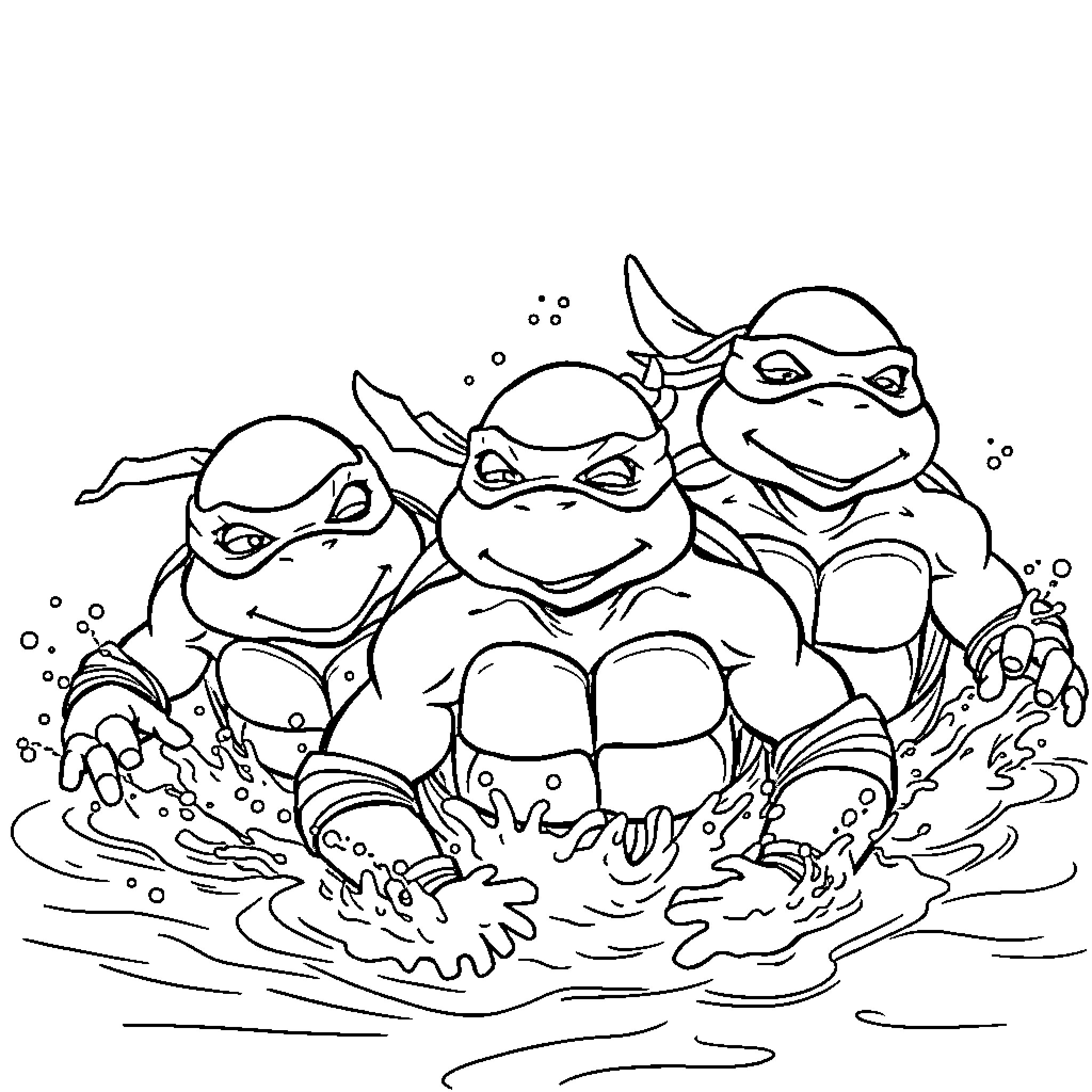 Teenage Mutant Ninja Turtles swimming in action Coloring Page (free black-and-white line drawing printable PDF for all, from beginners to advanced learners, including children, teens, adults, and seniors)