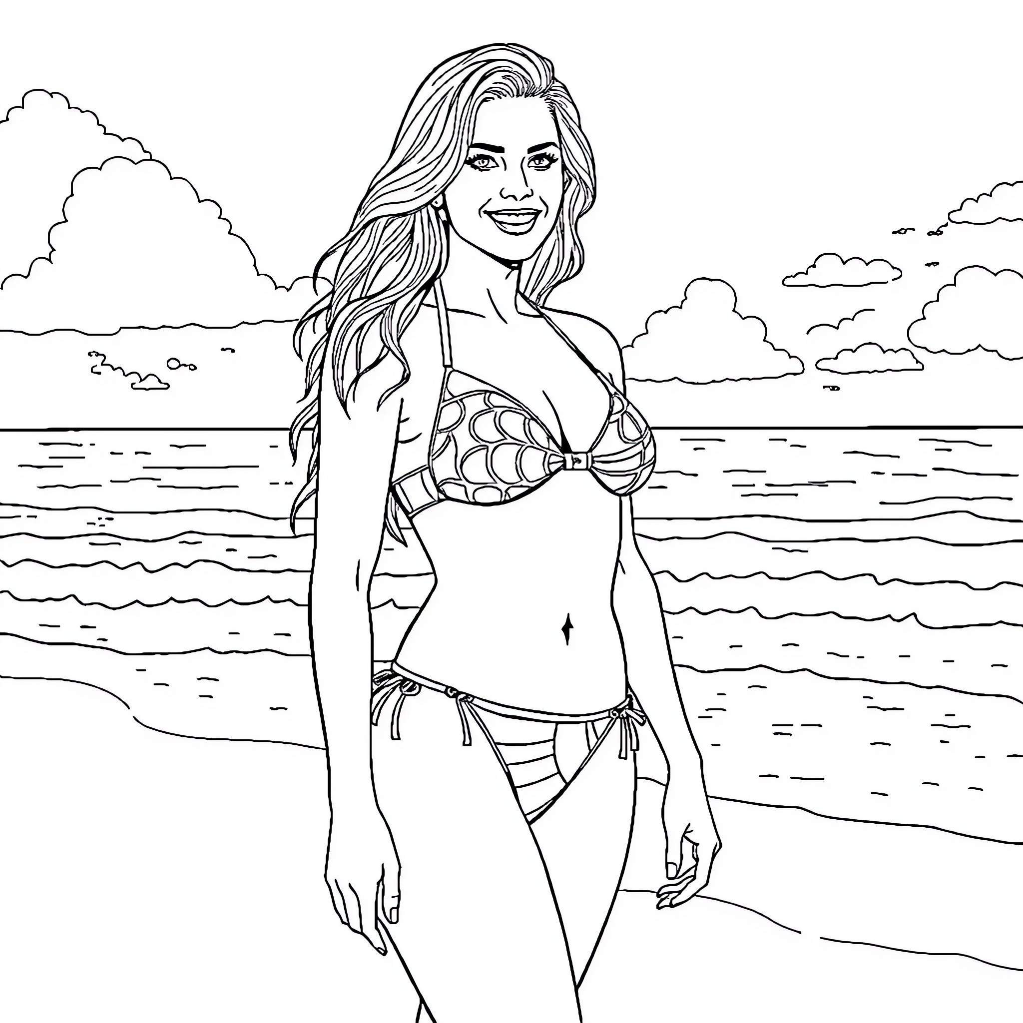 Kate Upton posing confidently in a swimsuit by the ocean Coloring Page (free black-and-white line drawing printable PDF for all, from beginners to advanced learners, including children, teens, adults, and seniors)