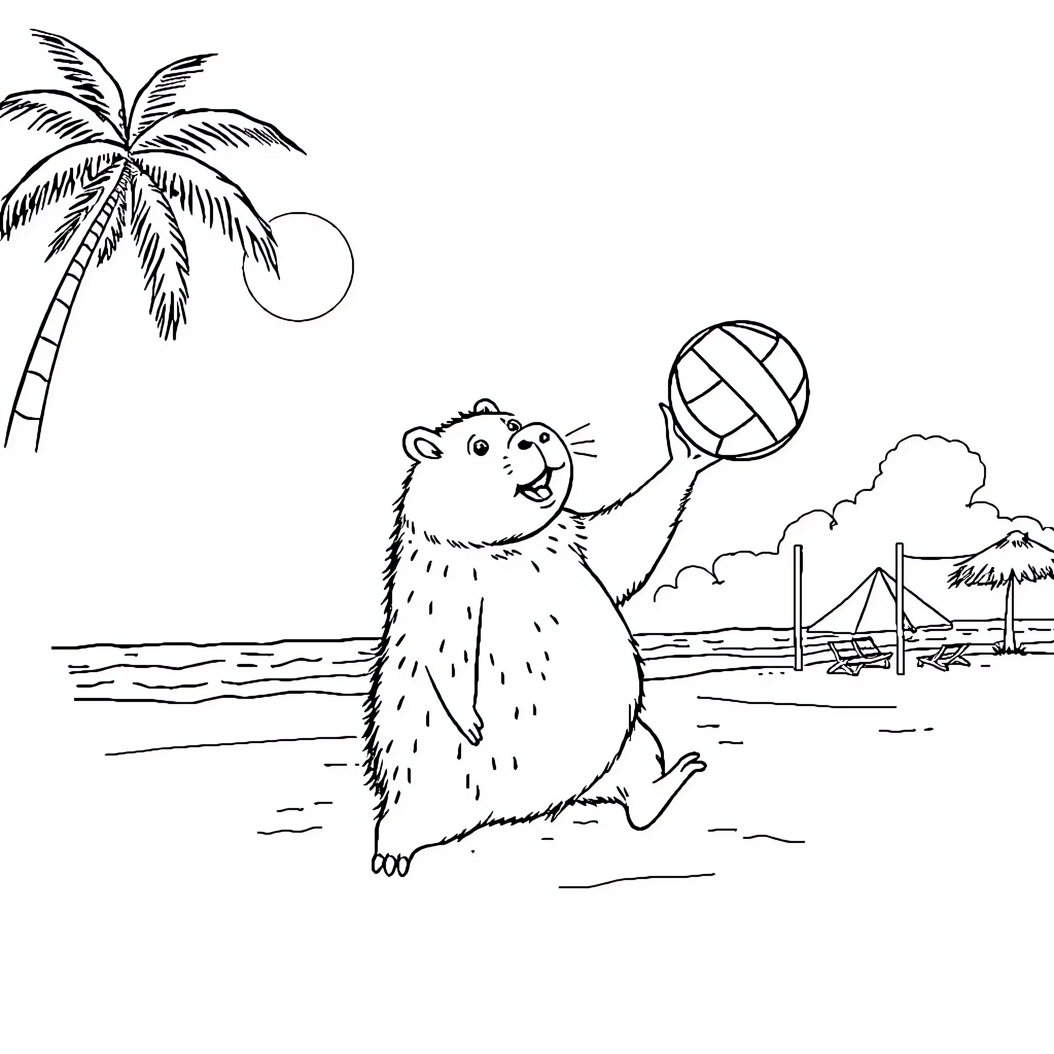 Capybara playing with beach ball on tropical shore Coloring Page (free black-and-white line drawing printable PDF for all, from beginners to advanced learners, including children, teens, adults, and seniors)