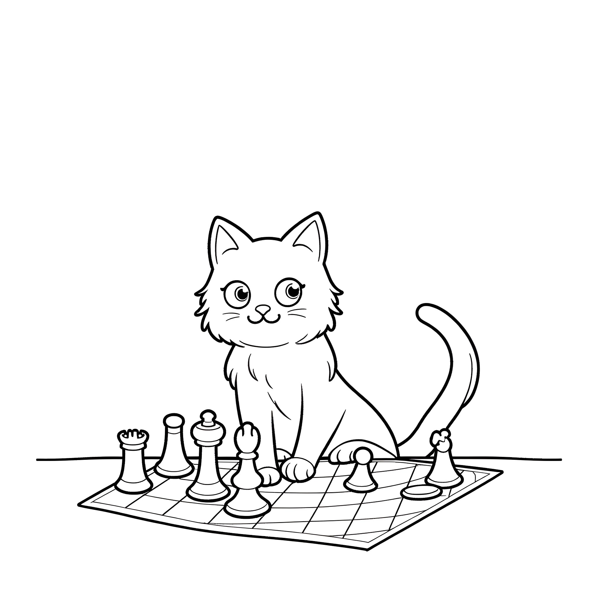 Riddler cat playing with chess pieces Coloring Page (free black-and-white line drawing printable PDF for all, from beginners to advanced learners, including children, teens, adults, and seniors)