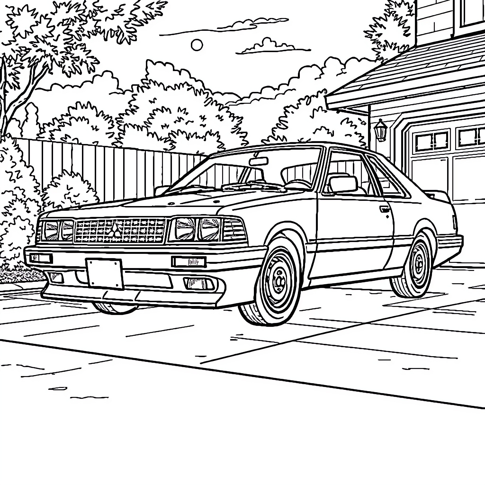 Mitsubishi Galant parked in a scenic neighborhood Coloring Page (free black-and-white line drawing printable PDF for all, from beginners to advanced learners, including children, teens, adults, and seniors)