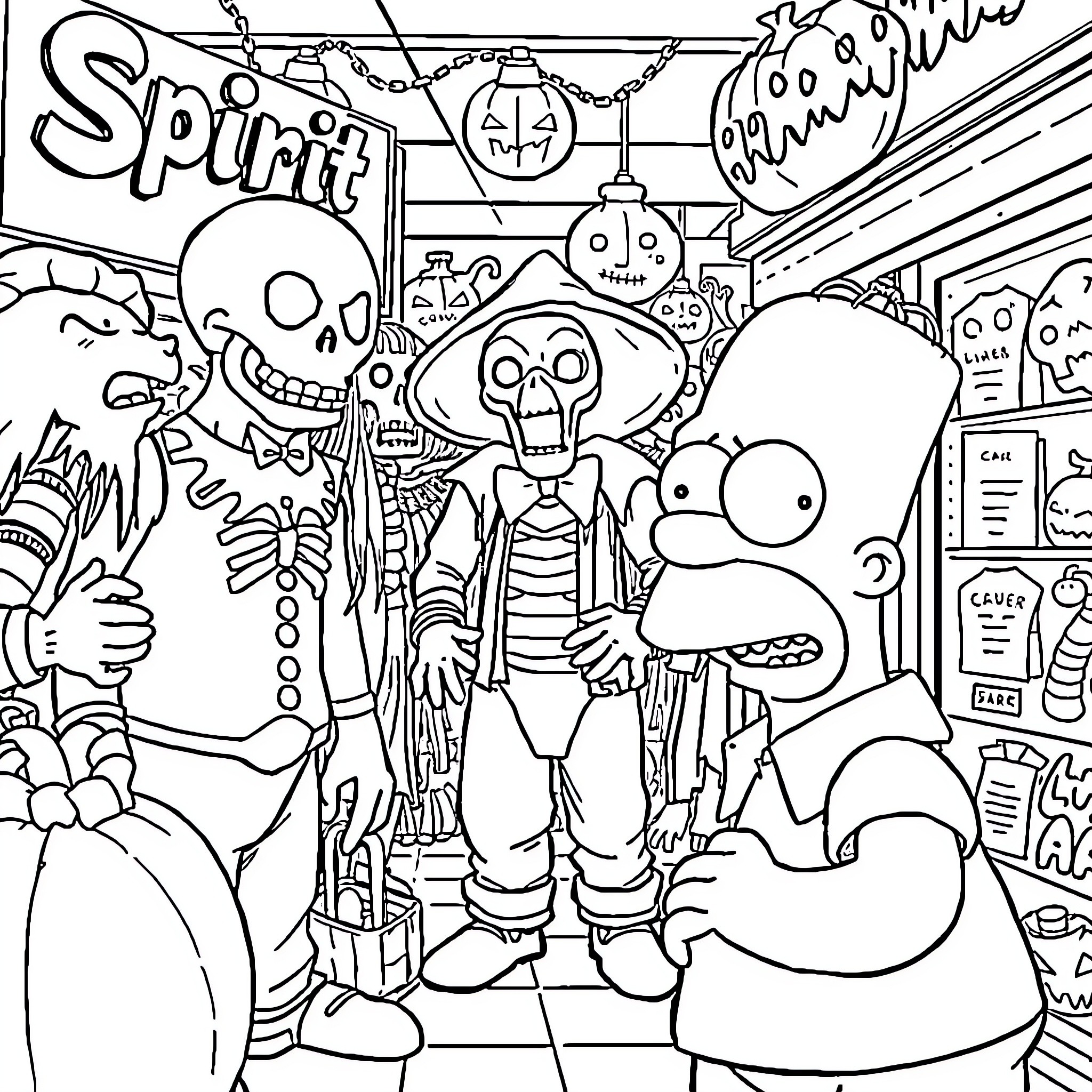 Homer Simpson's Halloween Celebration with Spooky Characters Coloring Page (free black-and-white line drawing printable PDF for all, from beginners to advanced learners, including children, teens, adults, and seniors)