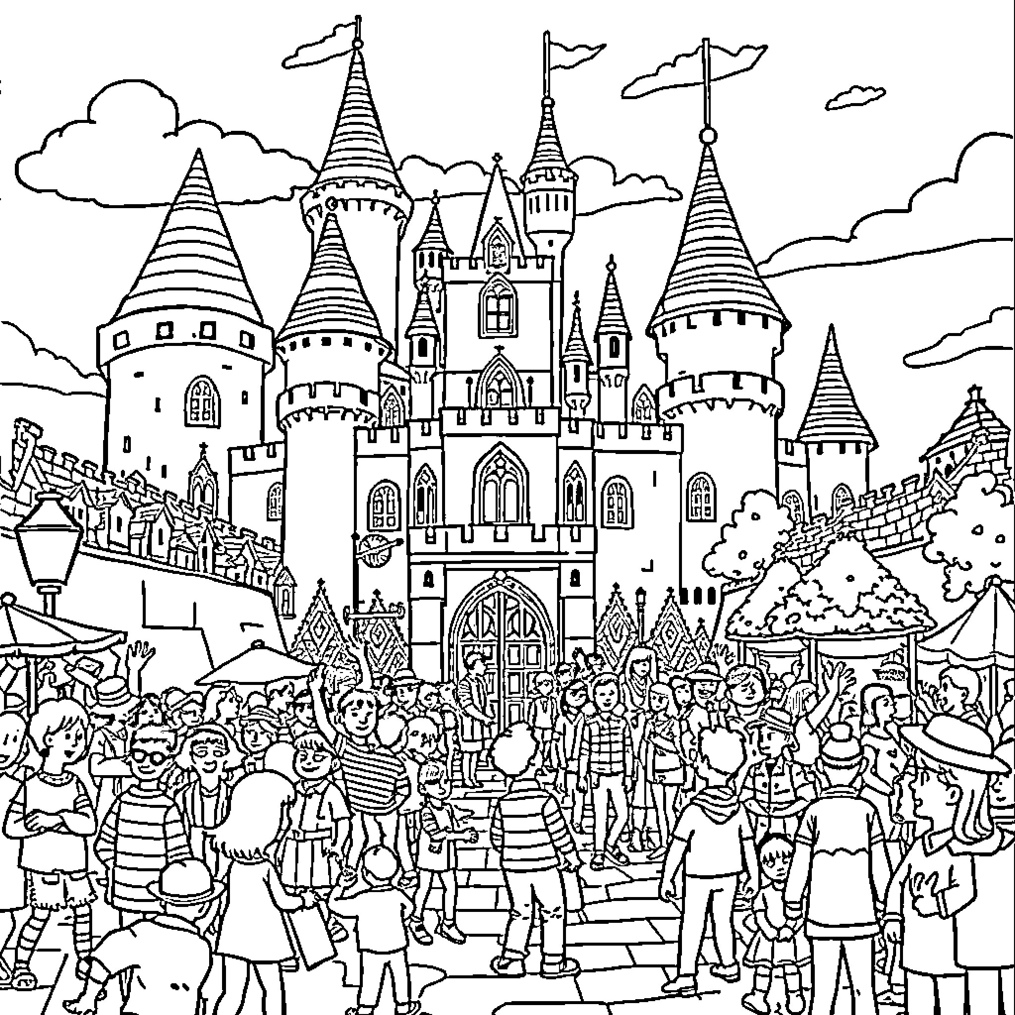 Waldo's Adventure at the Whimsical Castle Coloring Page (free black-and-white line drawing printable PDF for all, from beginners to advanced learners, including children, teens, adults, and seniors)