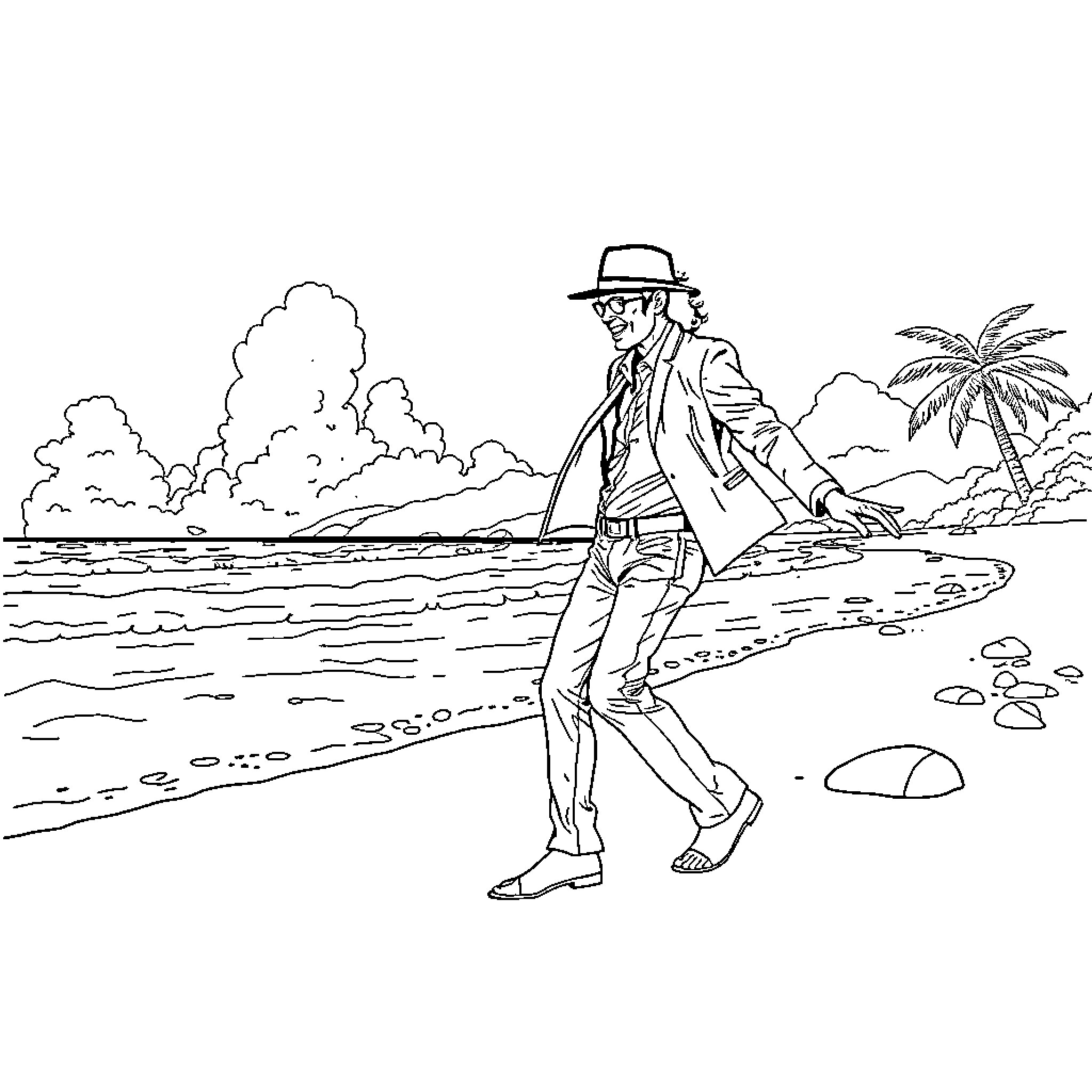 Michael Jackson strolling on a tropical beach Coloring Page (free black-and-white line drawing printable PDF for all, from beginners to advanced learners, including children, teens, adults, and seniors)
