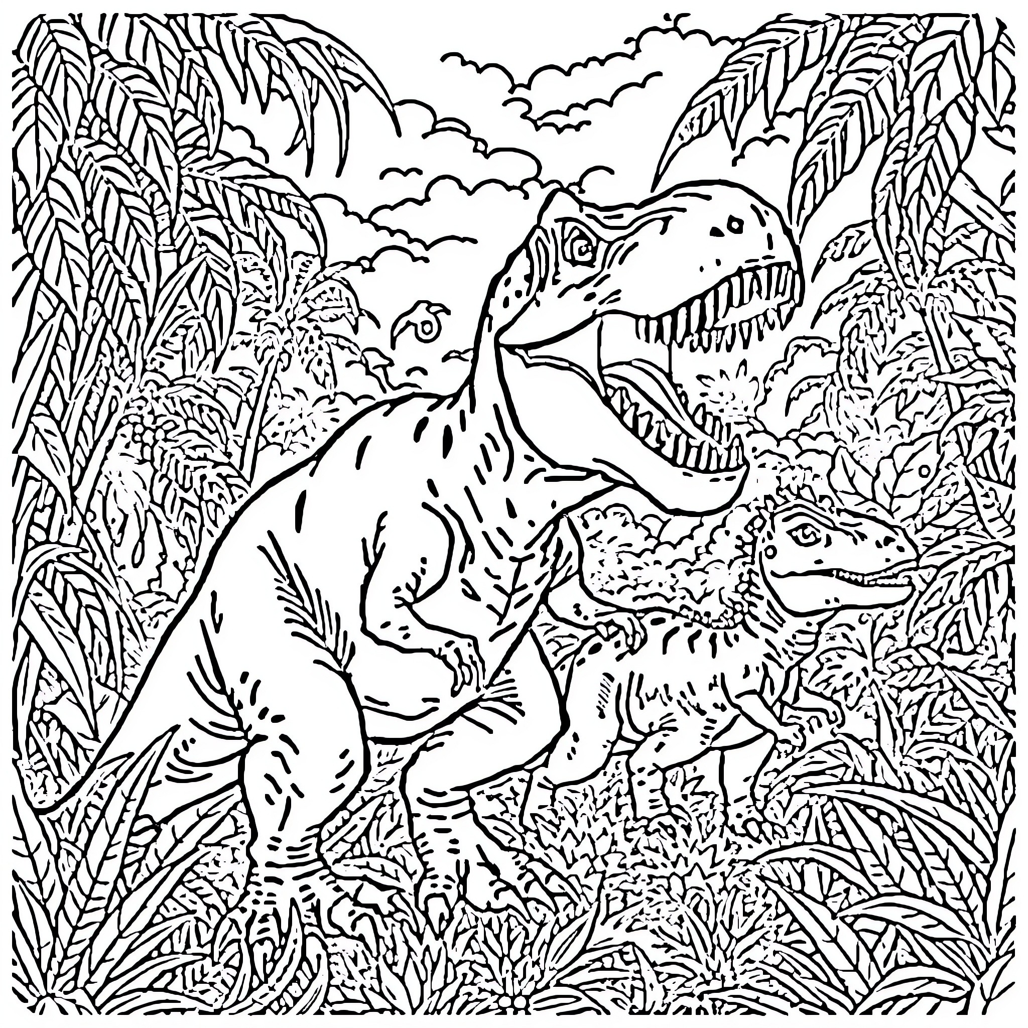 Dino adventures in the lush jungle Coloring Page (free black-and-white line drawing printable PDF for all, from beginners to advanced learners, including children, teens, adults, and seniors)