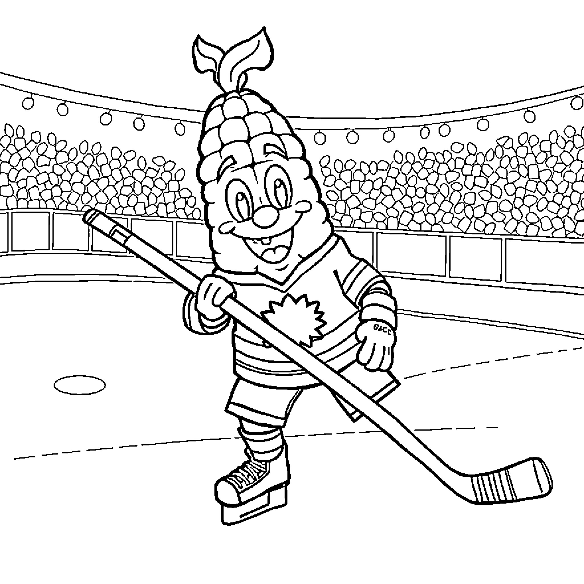 Corn Cob playing hockey on the ice rink Coloring Page (free black-and-white line drawing printable PDF for all, from beginners to advanced learners, including children, teens, adults, and seniors)